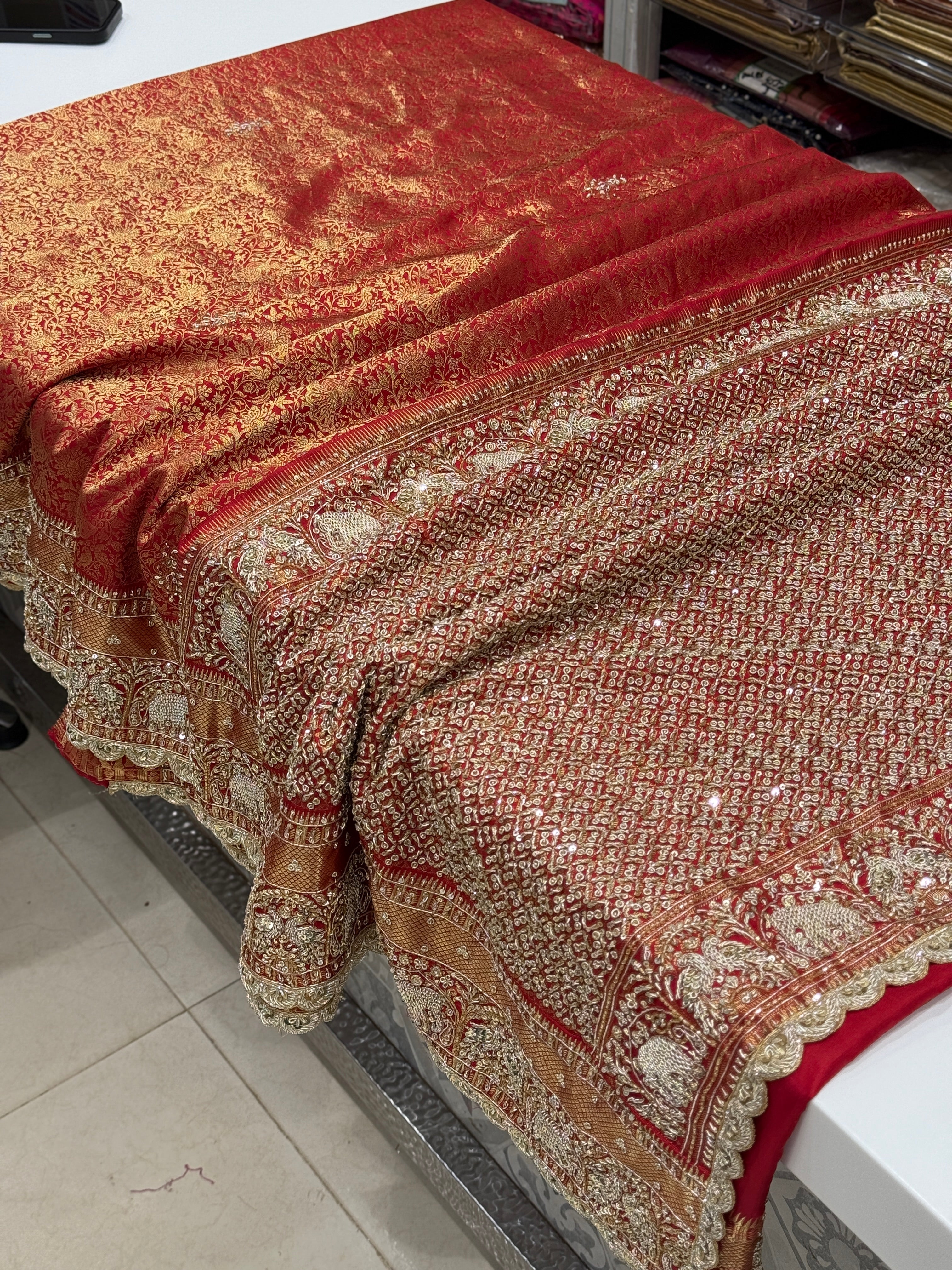 Red Kanjivaram Elephant Motif Zardozi Hand Embroidery Saree