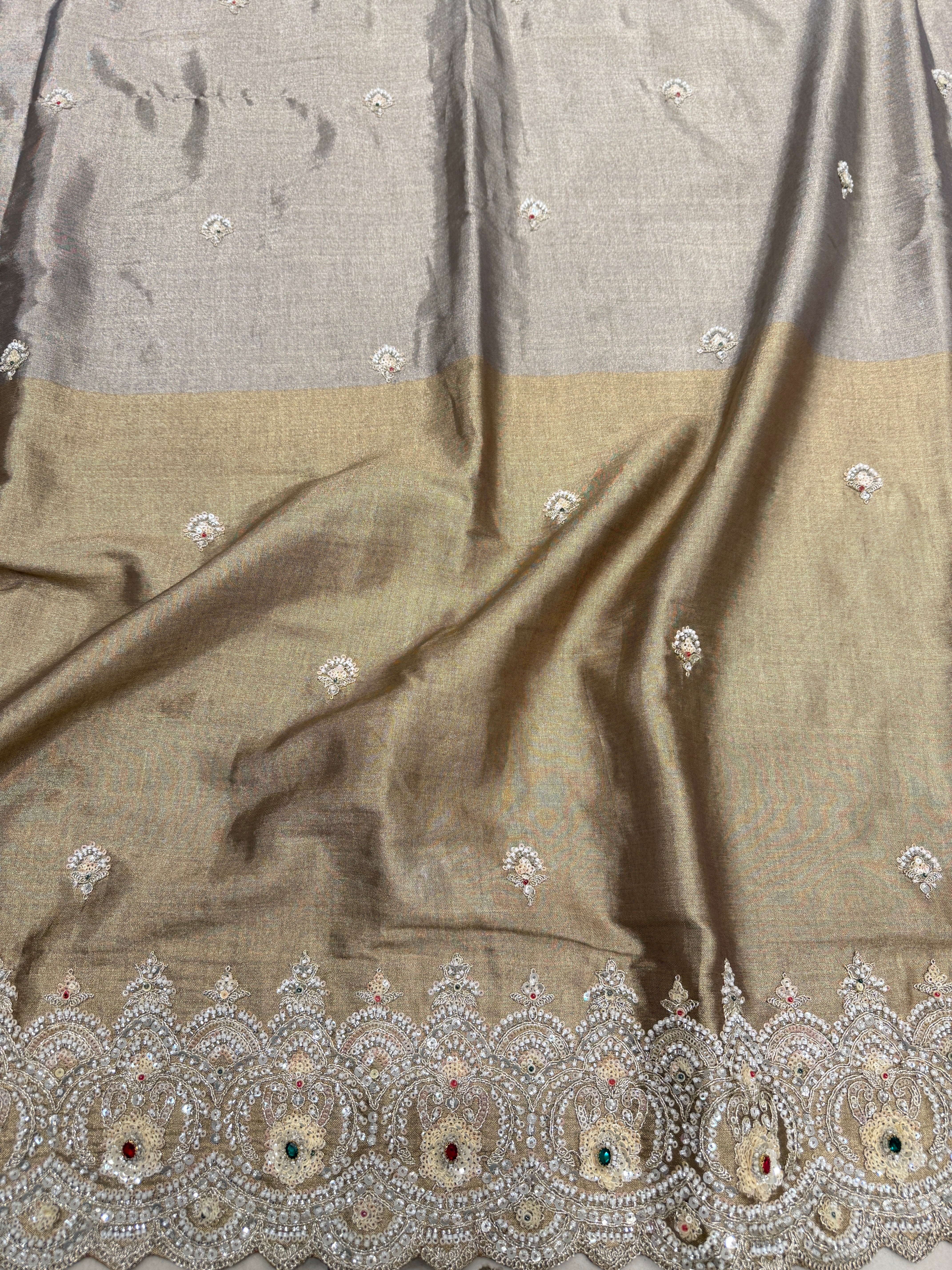 Light Golden Silver Soft Tissue Moti Crystal Embroidery Saree