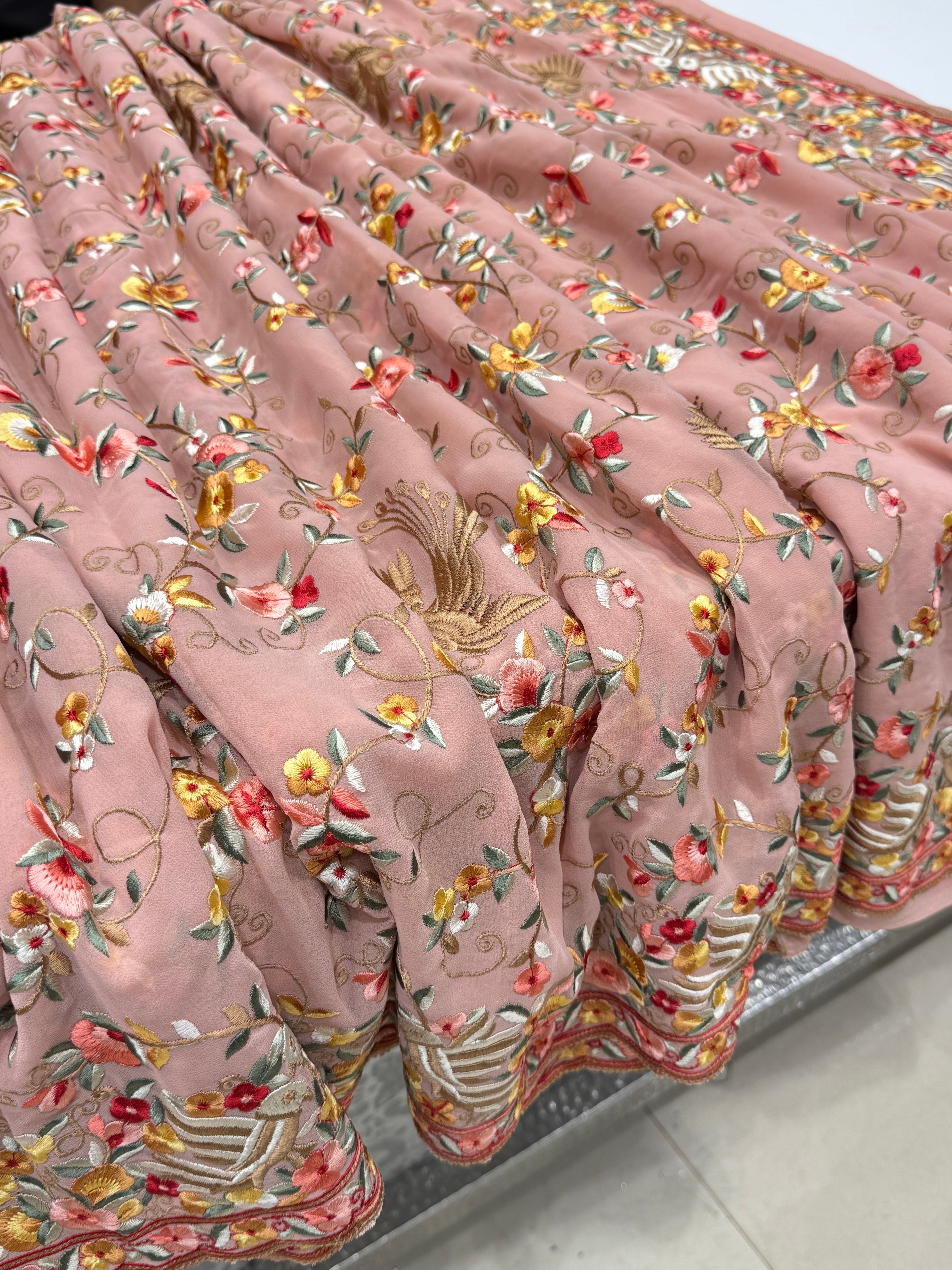 Pink Georgette Multi Colour Jaal Floral Parsi Gara Saree