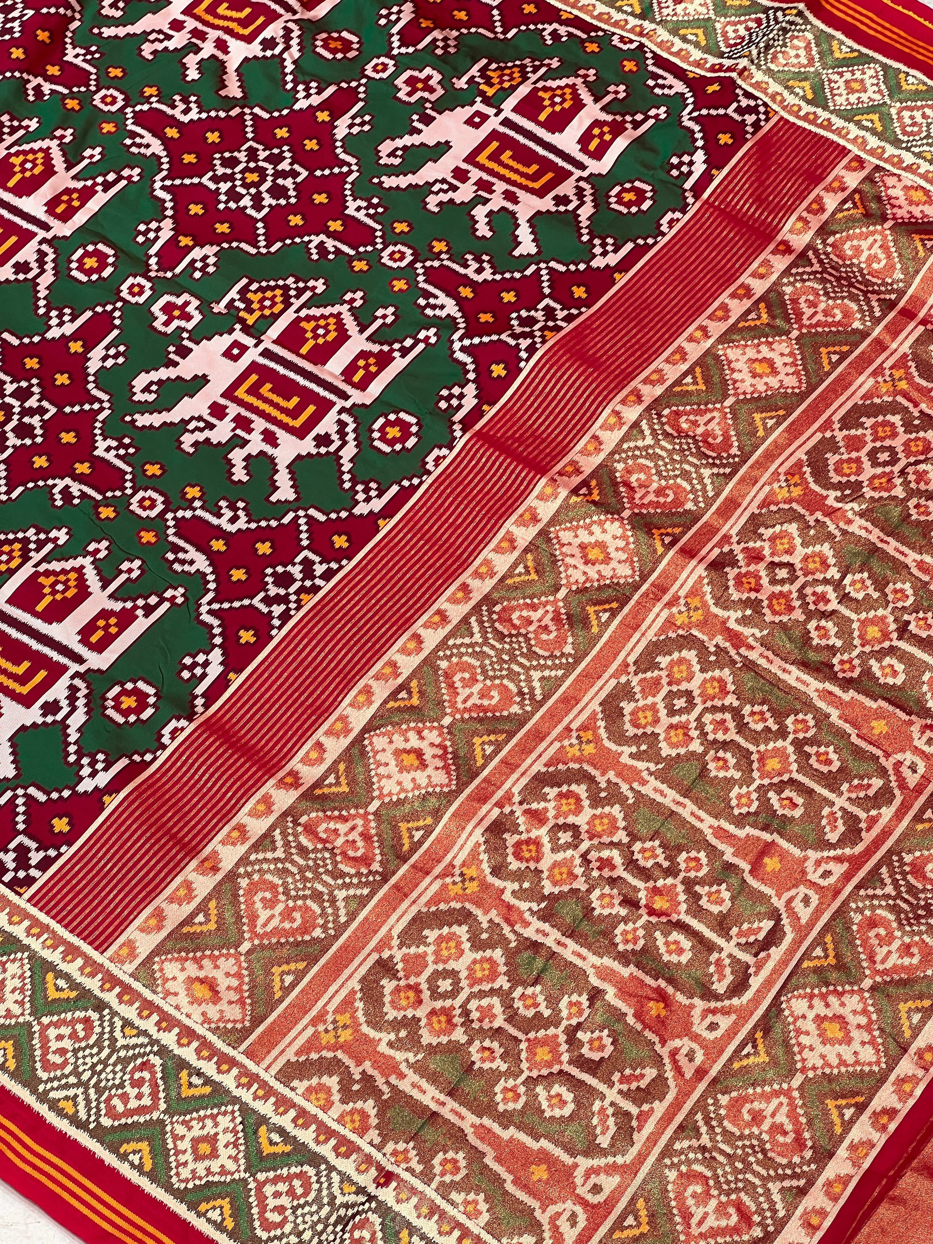 Maroon Green Chabdi Elephant Semi Silk Weaved Patan Patola Saree