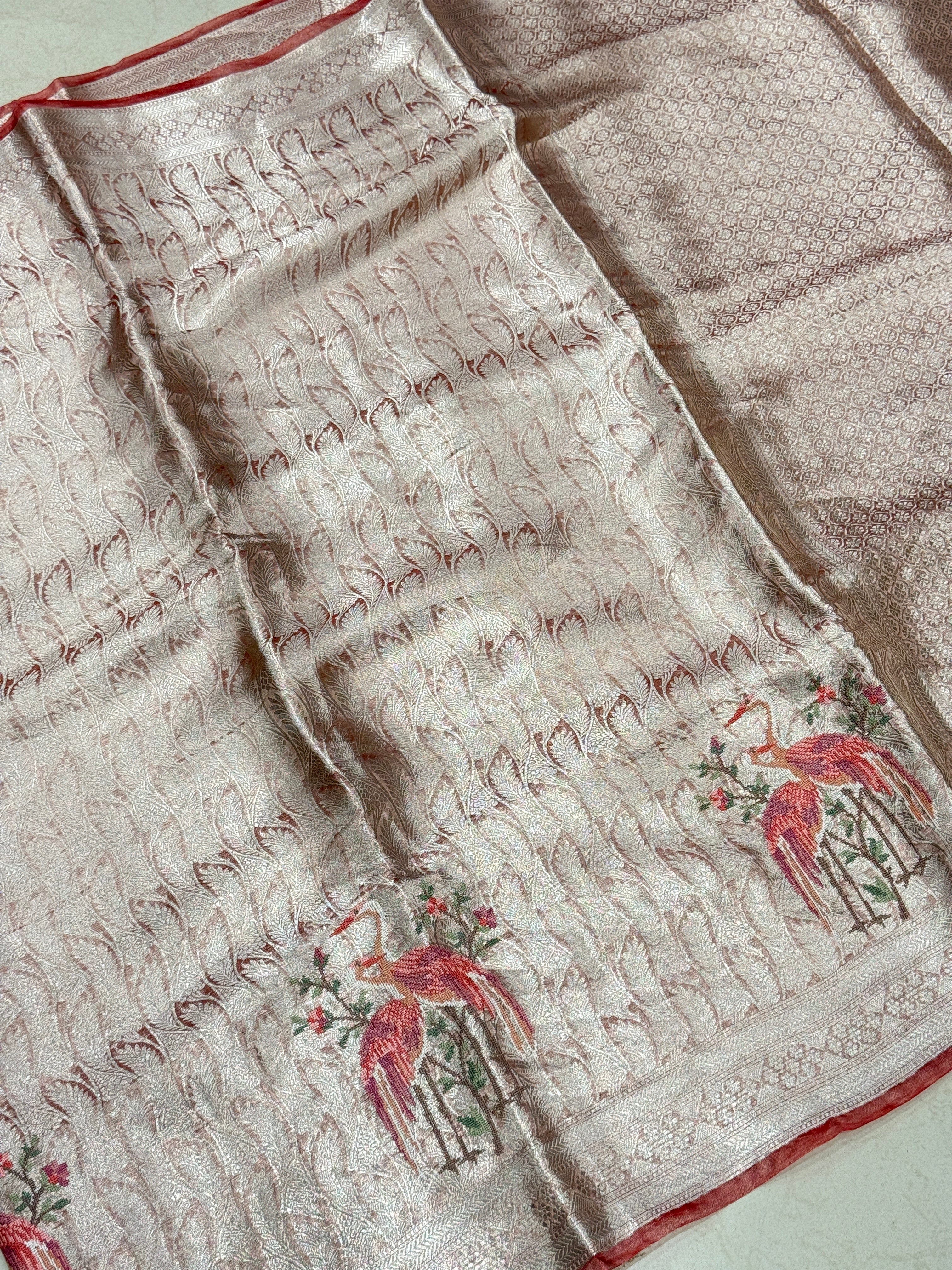 Crimson Silver Handloom Tissue Parsi Contemporary Resham Embroidery Saree