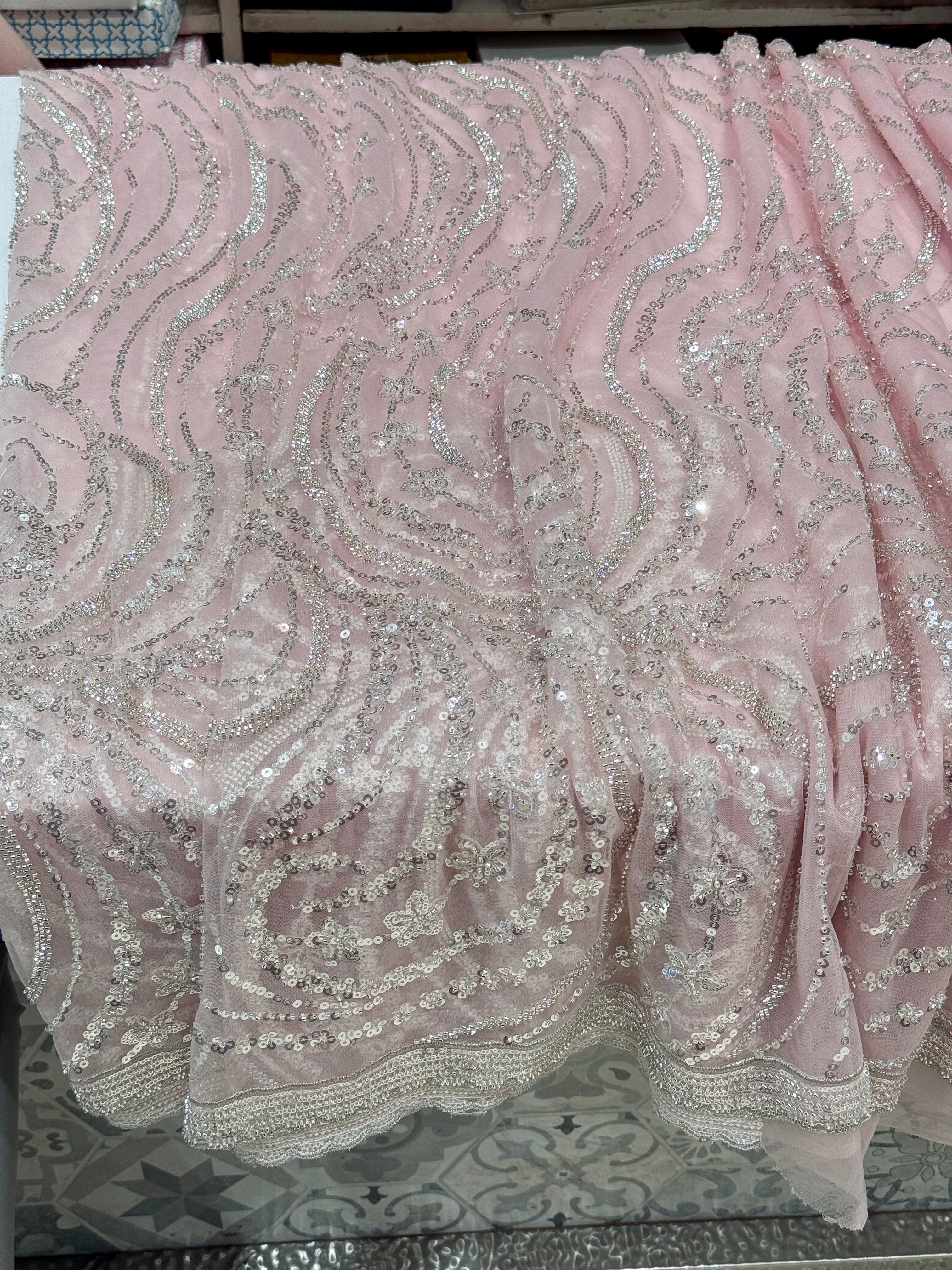 Pink Soft Net Sequin Moti Embroidery Saree