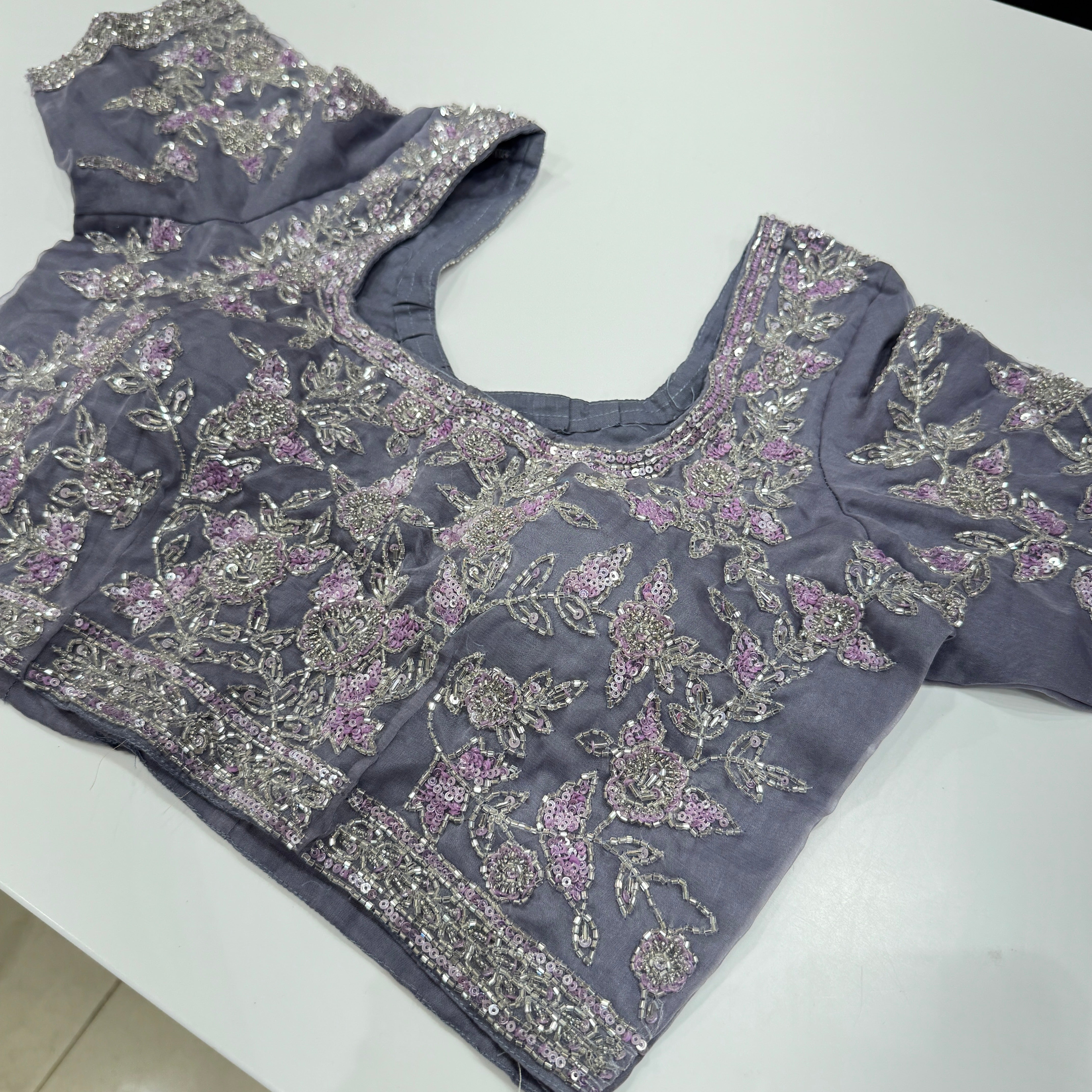 Dark Lilac Organza Hand Embroidered Ready Blouse