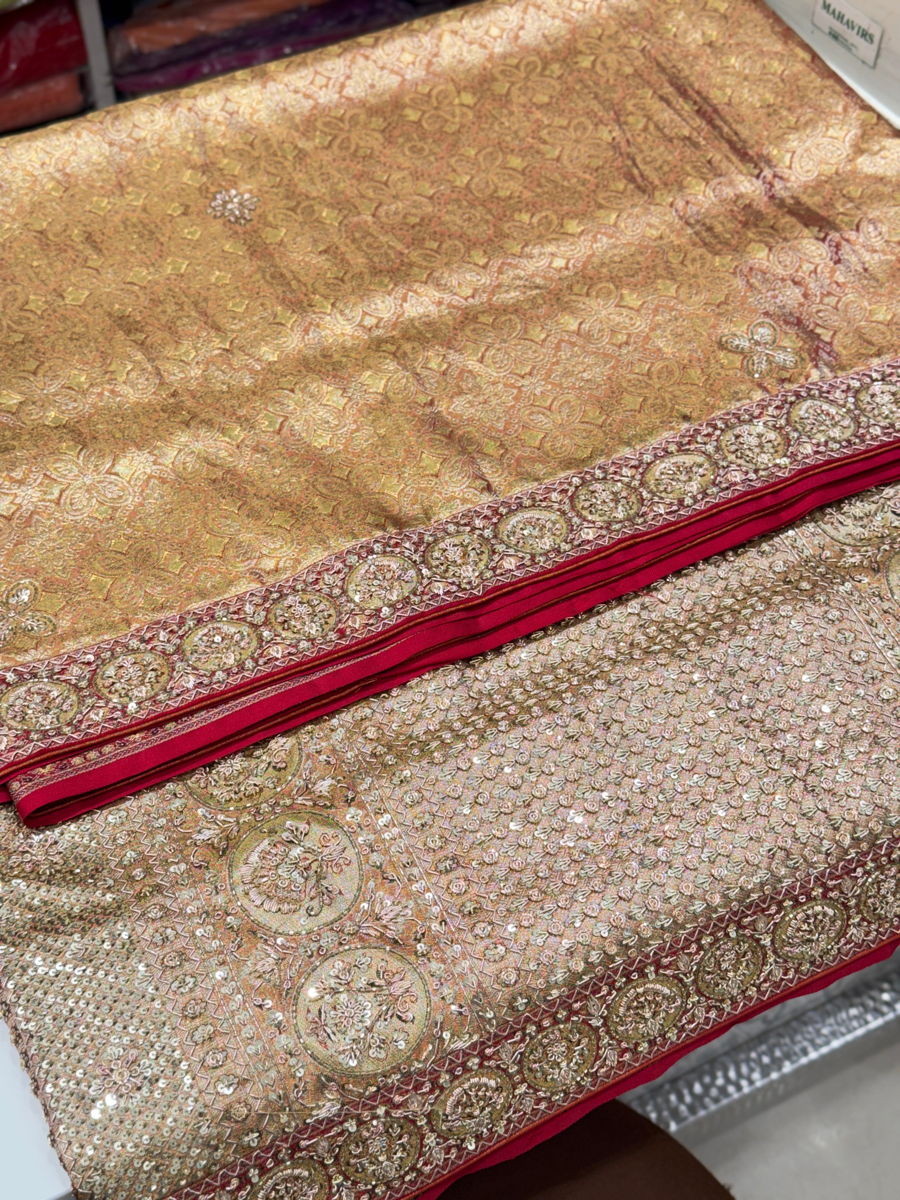Golden Red Dhup Chav Kanjivaram Small Border Hand Embroidery Zardosi Saree