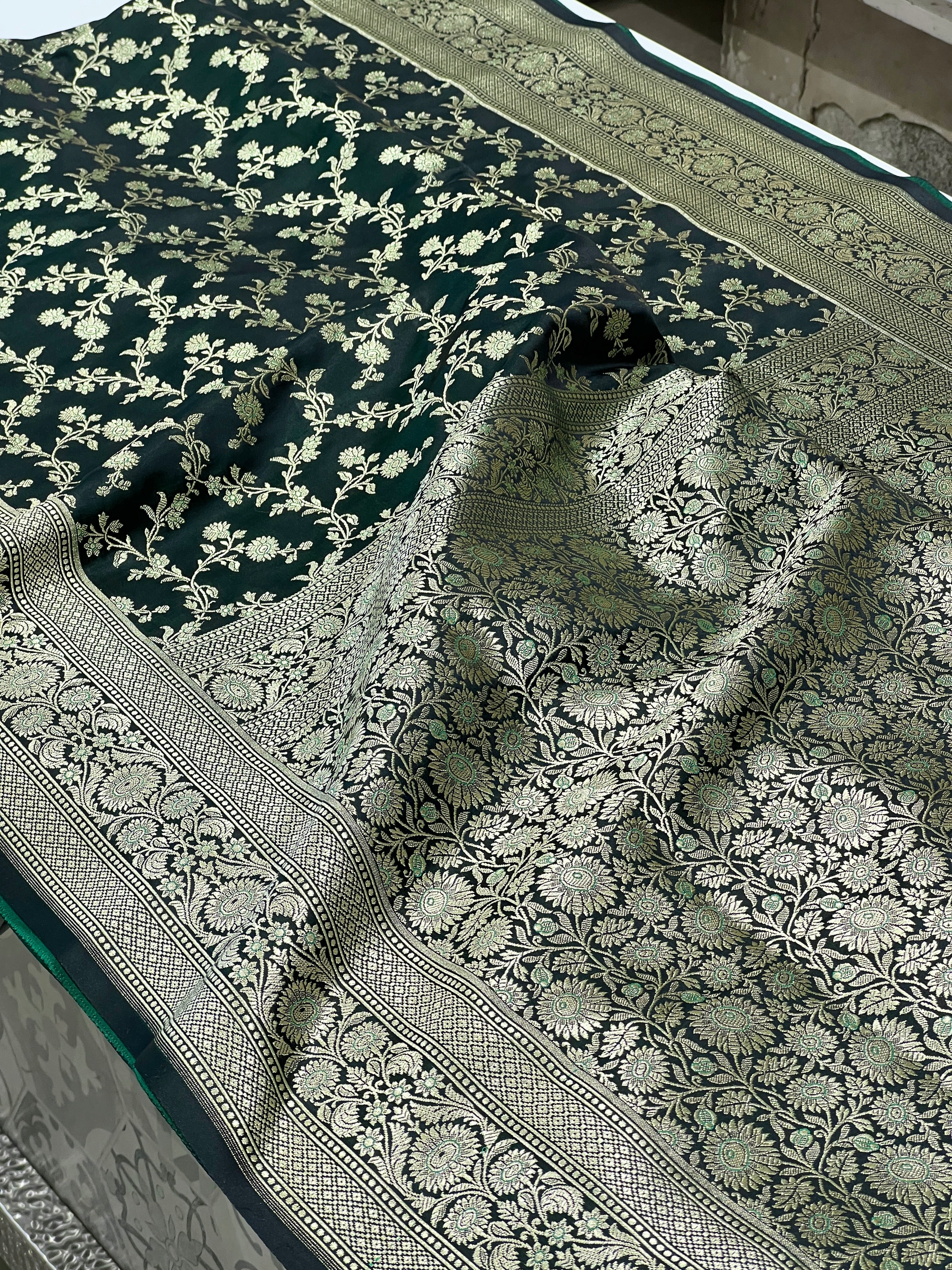 Bottle Green Banarasi Silk Flower Jaal