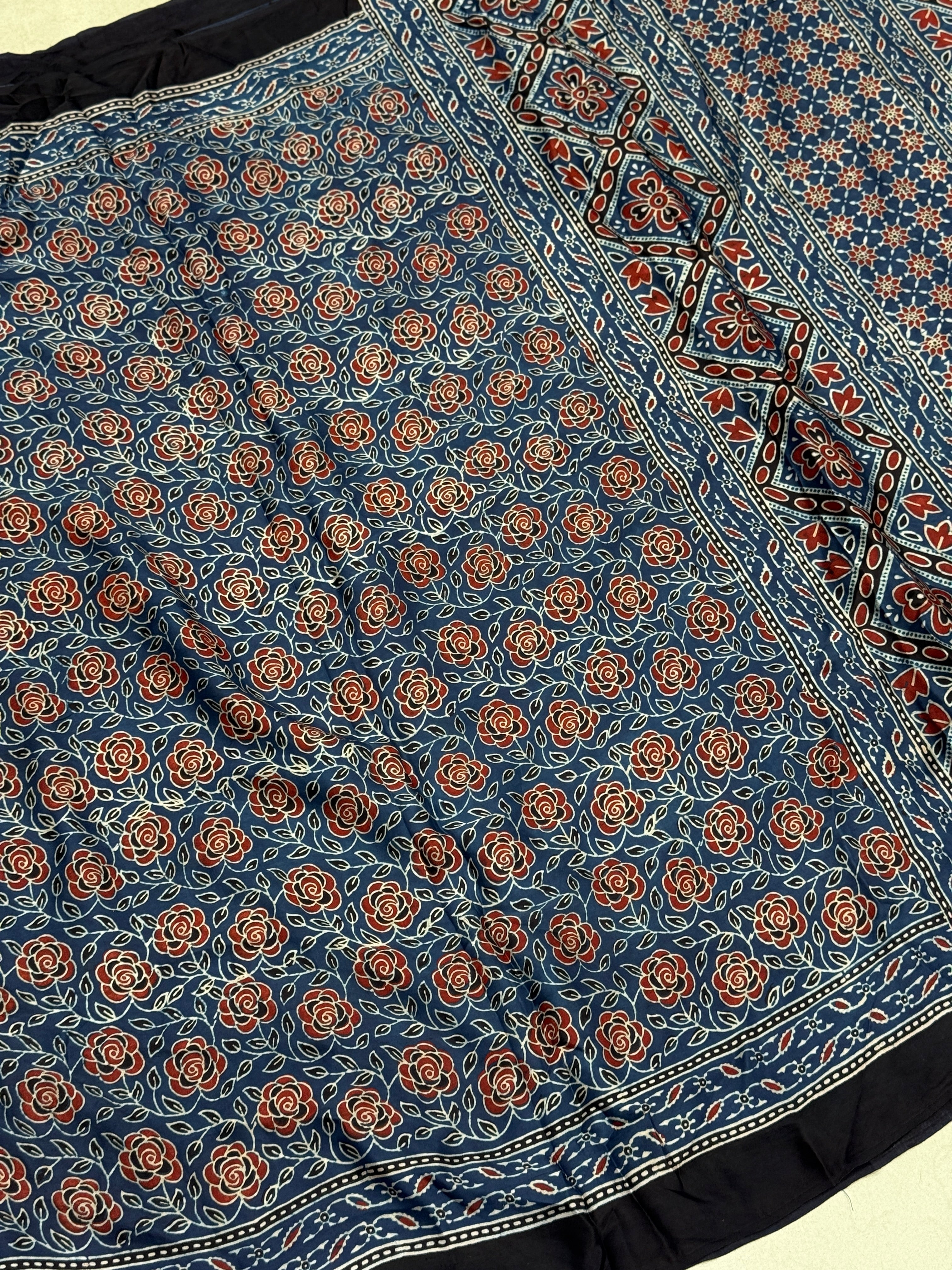 Blue Rose Ajrakh Hand Block Print Pure Gajji Silk Saree