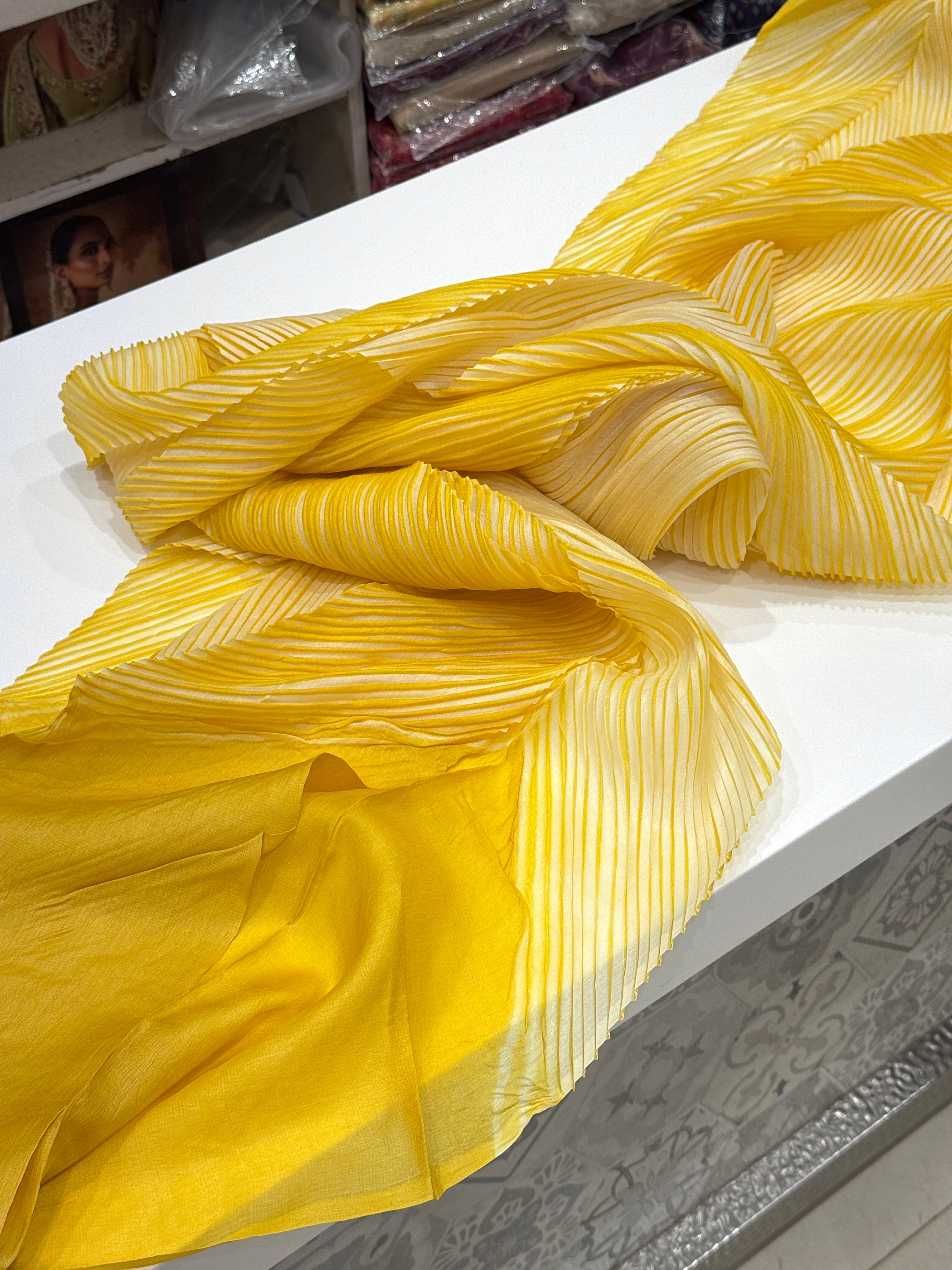Yellow Crushed Tussor with Ready Blouse Saree