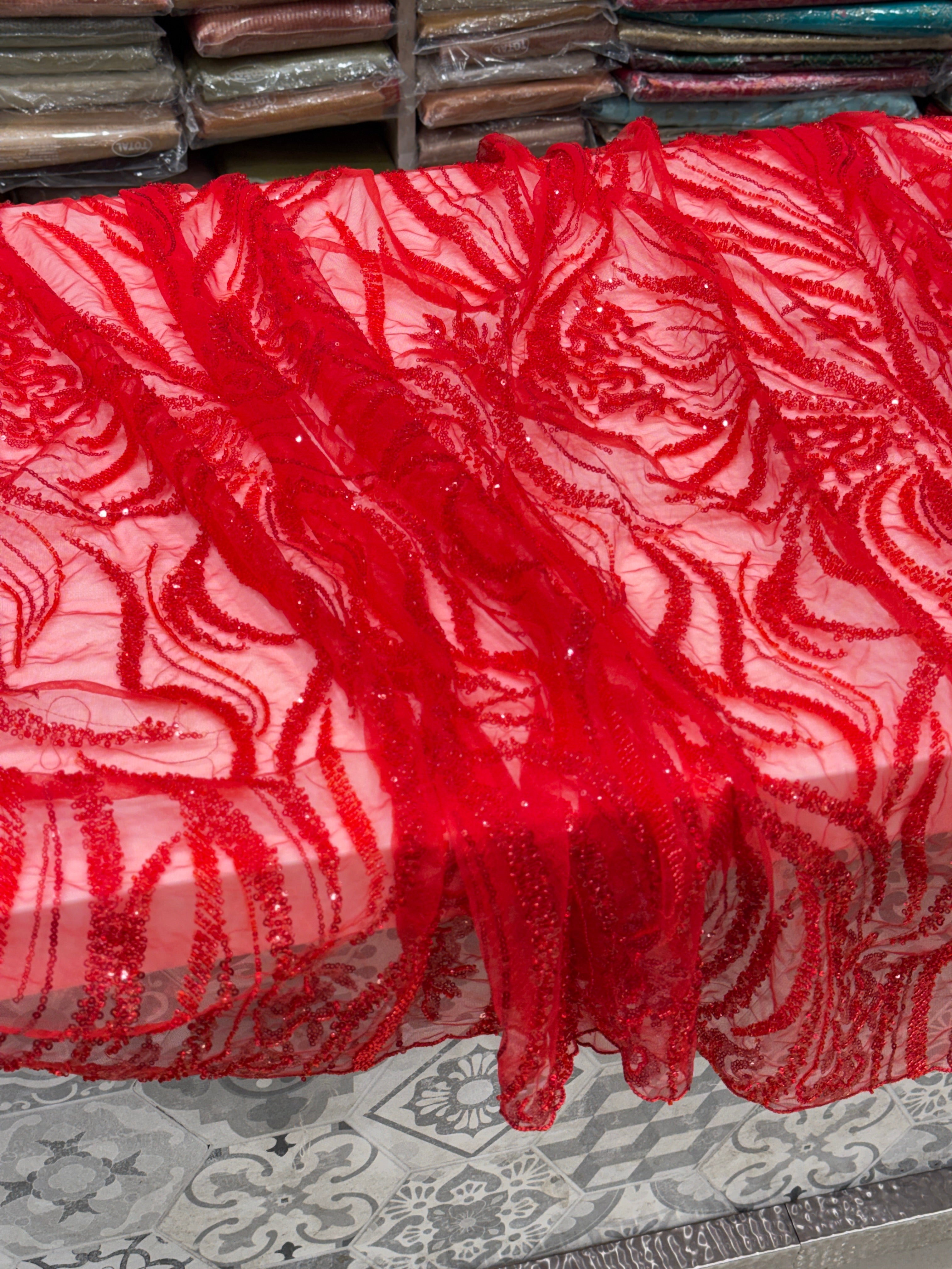 Red on Red Soft Net Moti Sequin Embroidery Saree