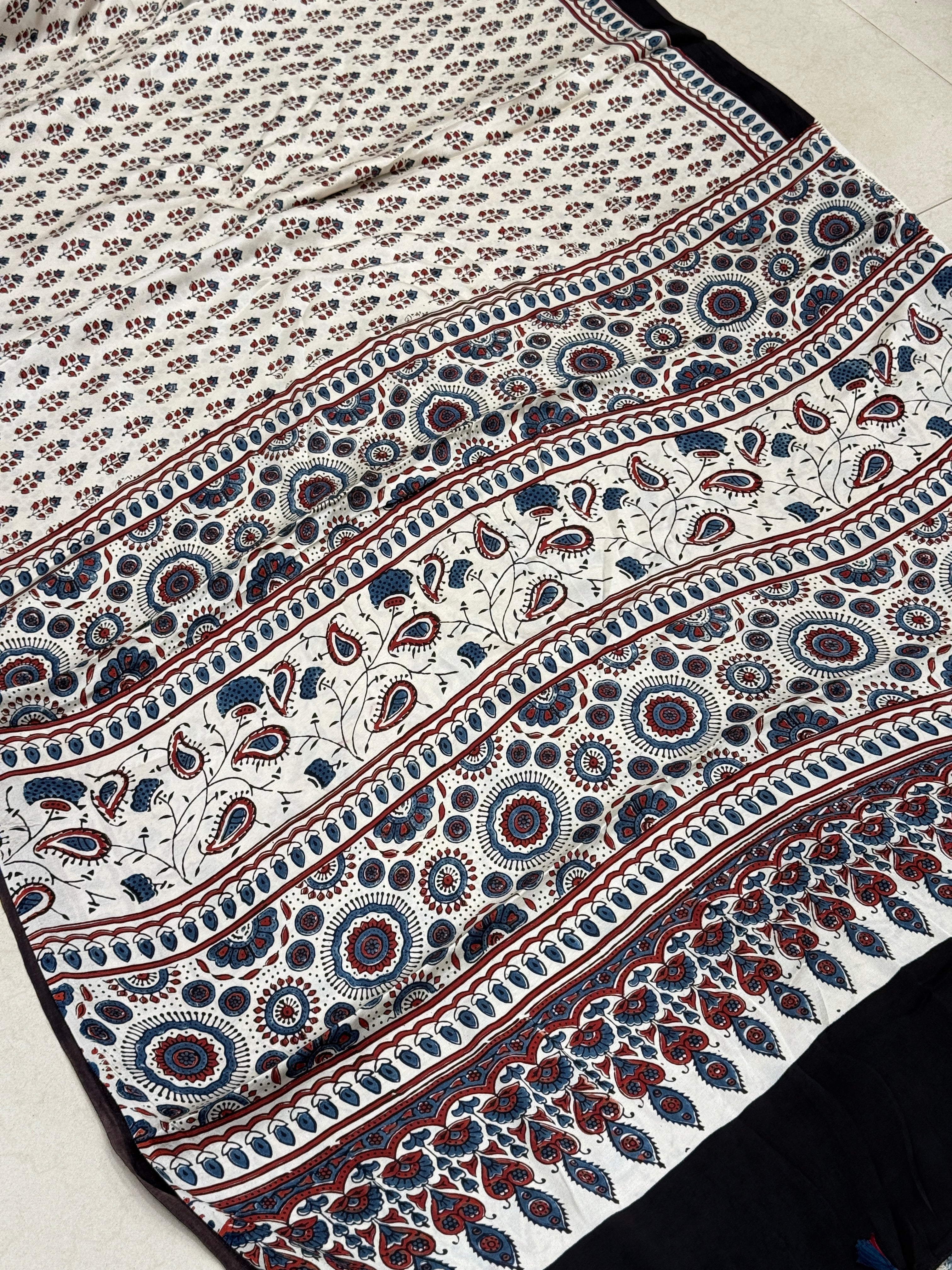 White Blue Buttis Ajrakh Block Print Hand Pure Gajji Silk Saree