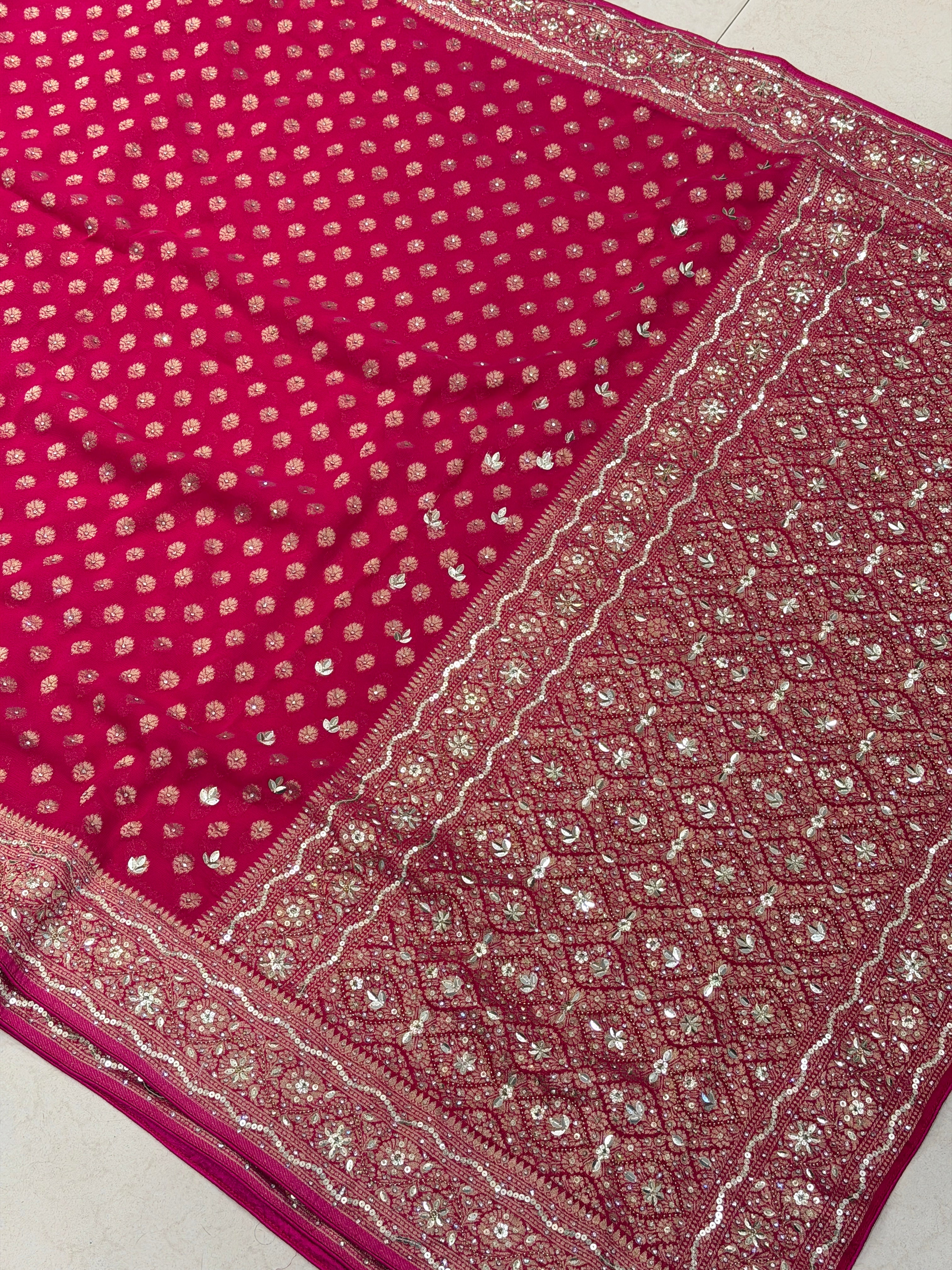 Rani Banarasi Khaddi Georgette Butti Hand Embroidery Sequin Stone Saree