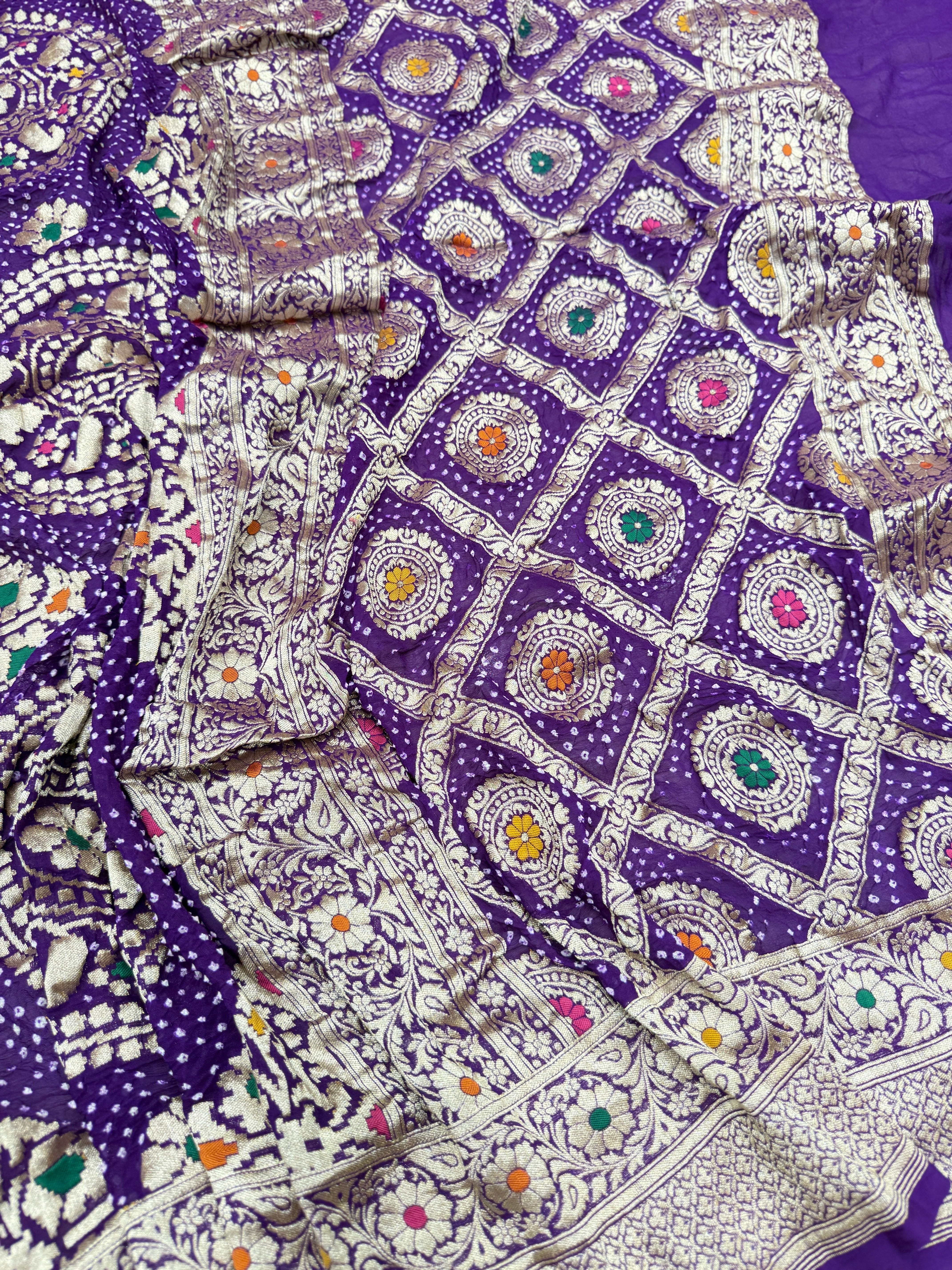 Violet Meenakari Jaal Rai Bandhej Georgette Bandhini Saree