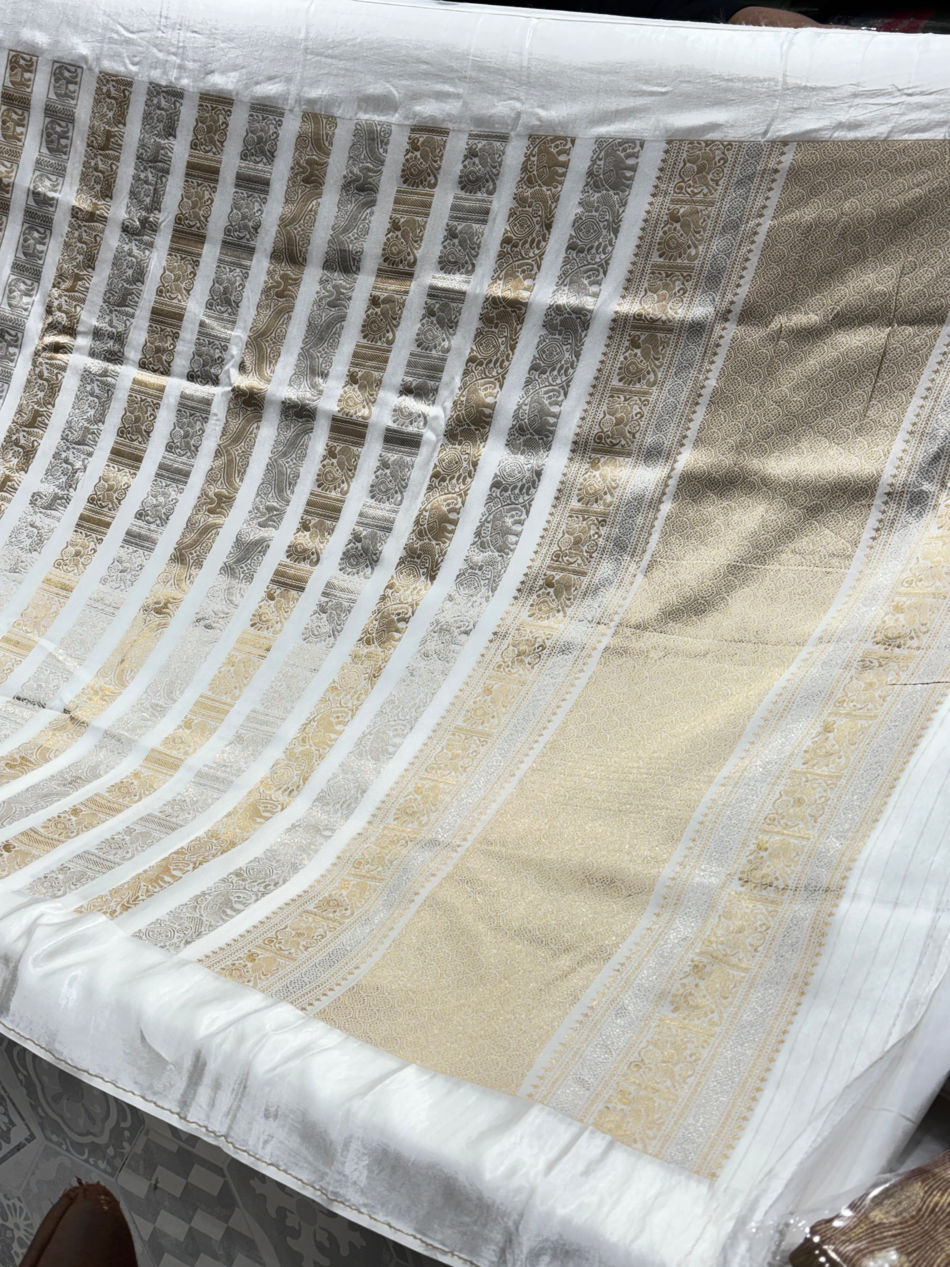 Nita Ambani Inspired White Contemporary Banarasi Saree