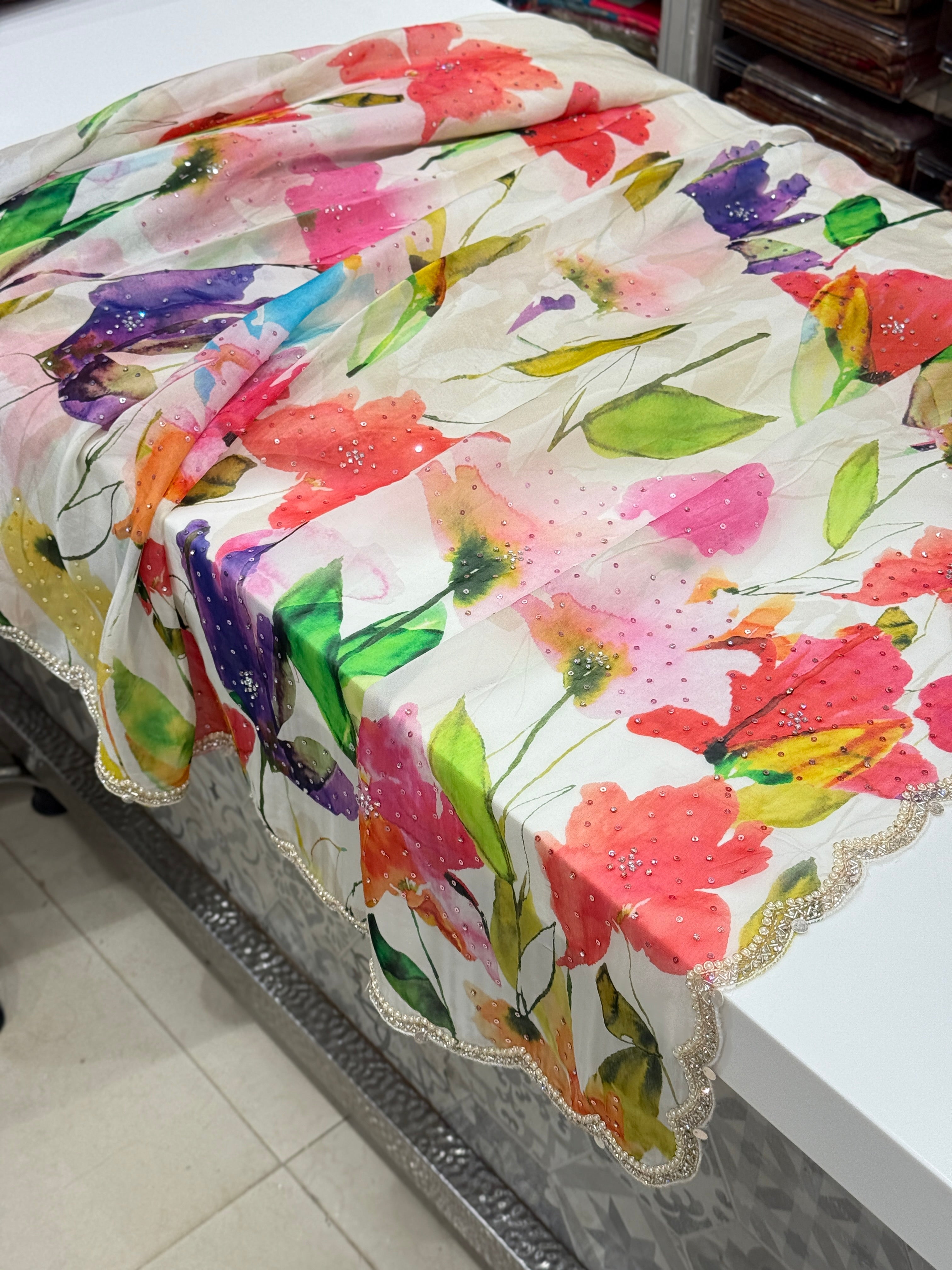 Multi Colour Print Muslin Border Hand Embroidery Saree