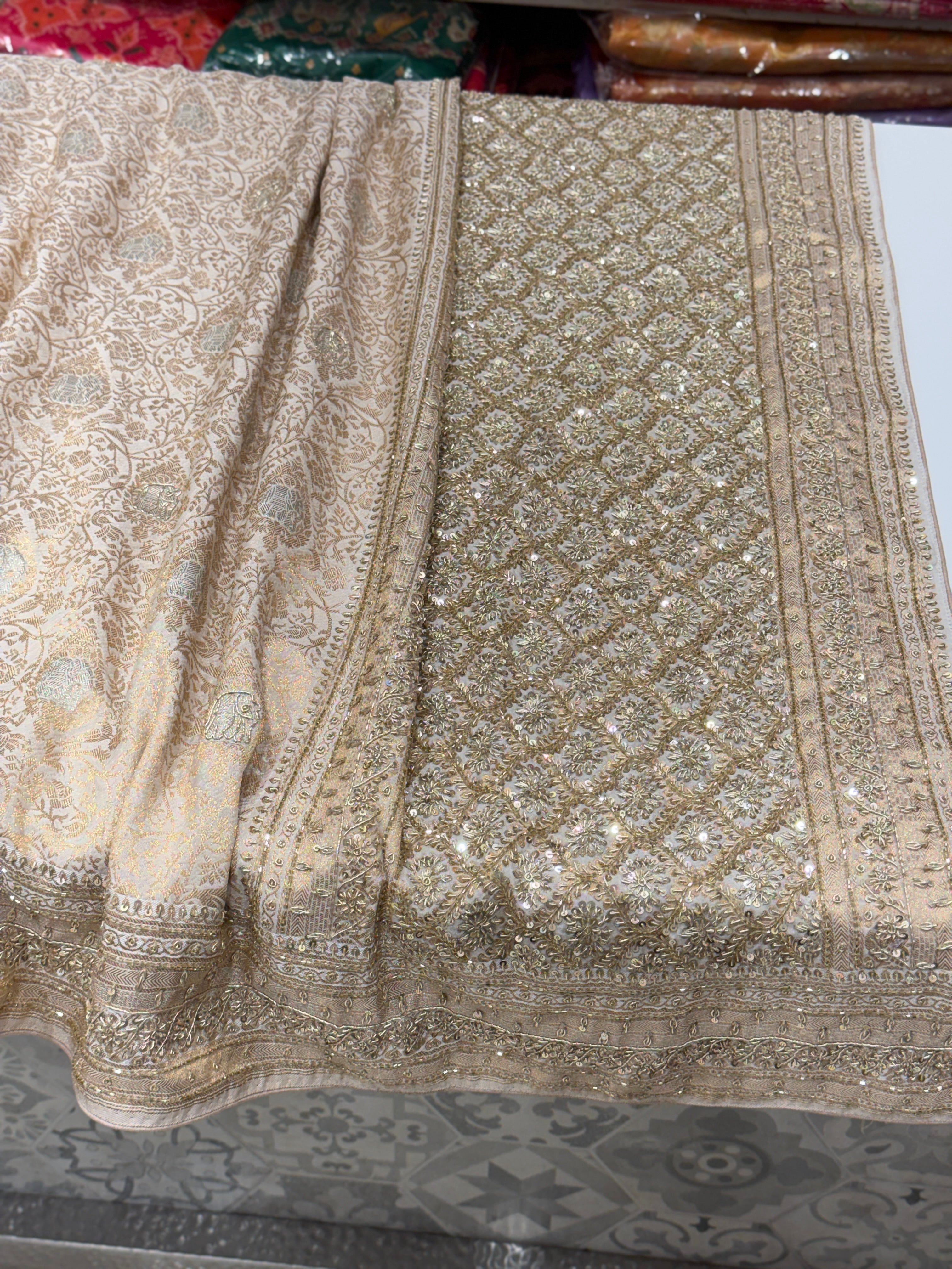 Beige Banarasi Crepe Tissue Zardosi Hand Embroidery Saree Elephant amotif