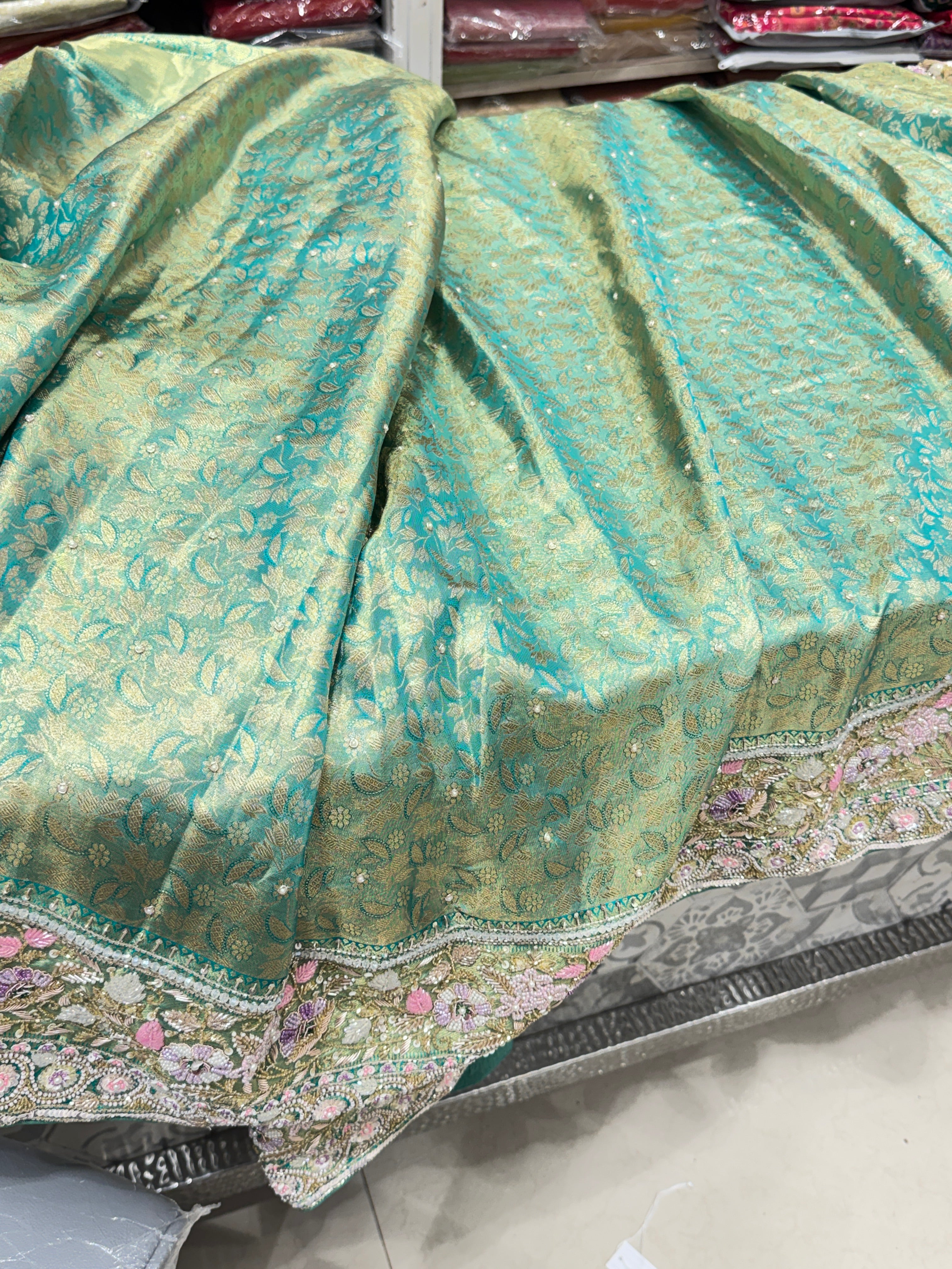 Pista Green Floral Tissue Kanjivaram Hand Embroidery Saree