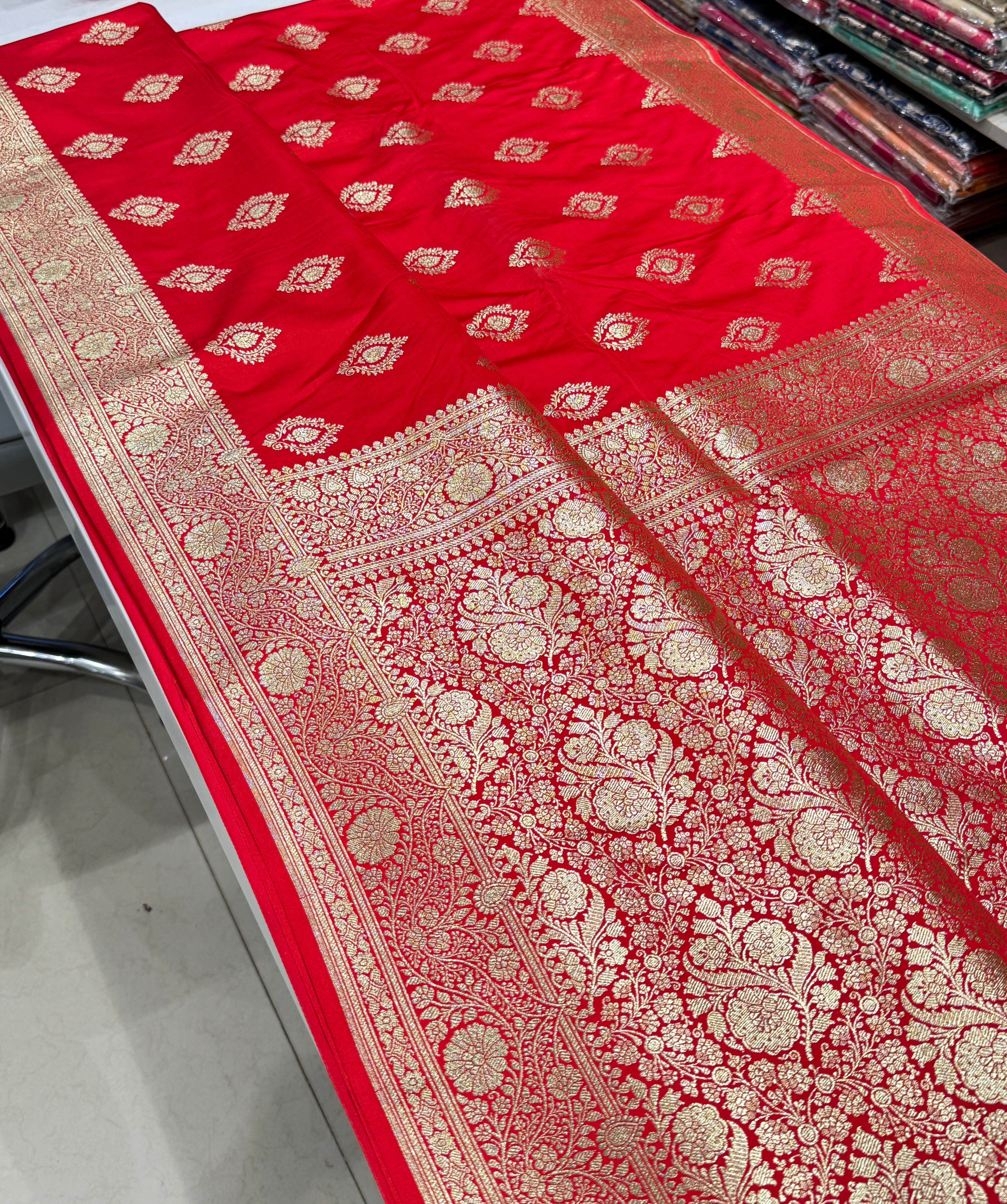 Red Banarasi Silk Butta Floral Border Saree