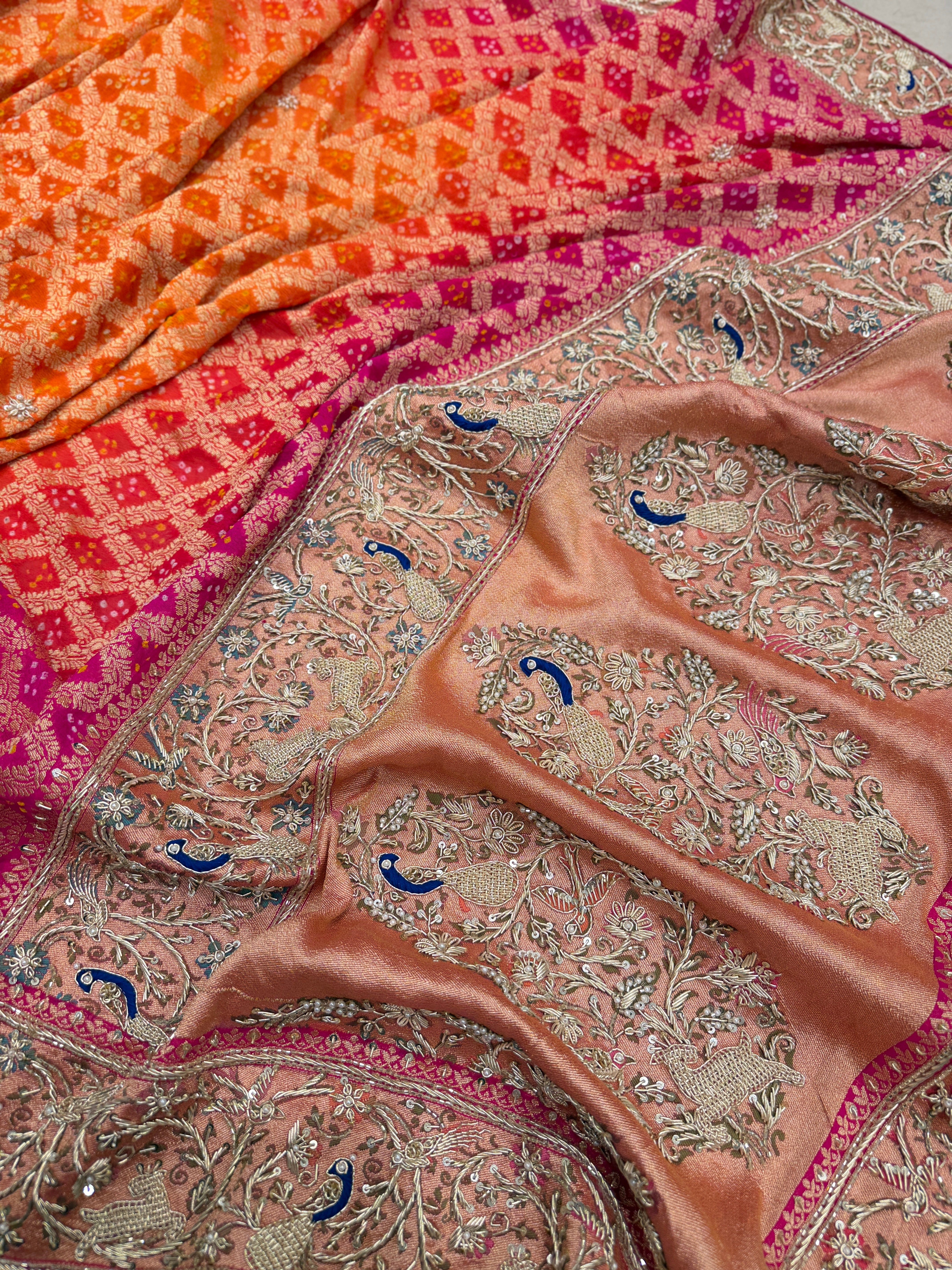 Orange Rani Shaded Meenakari Peacock Zardosi Hand Embroidery Saree