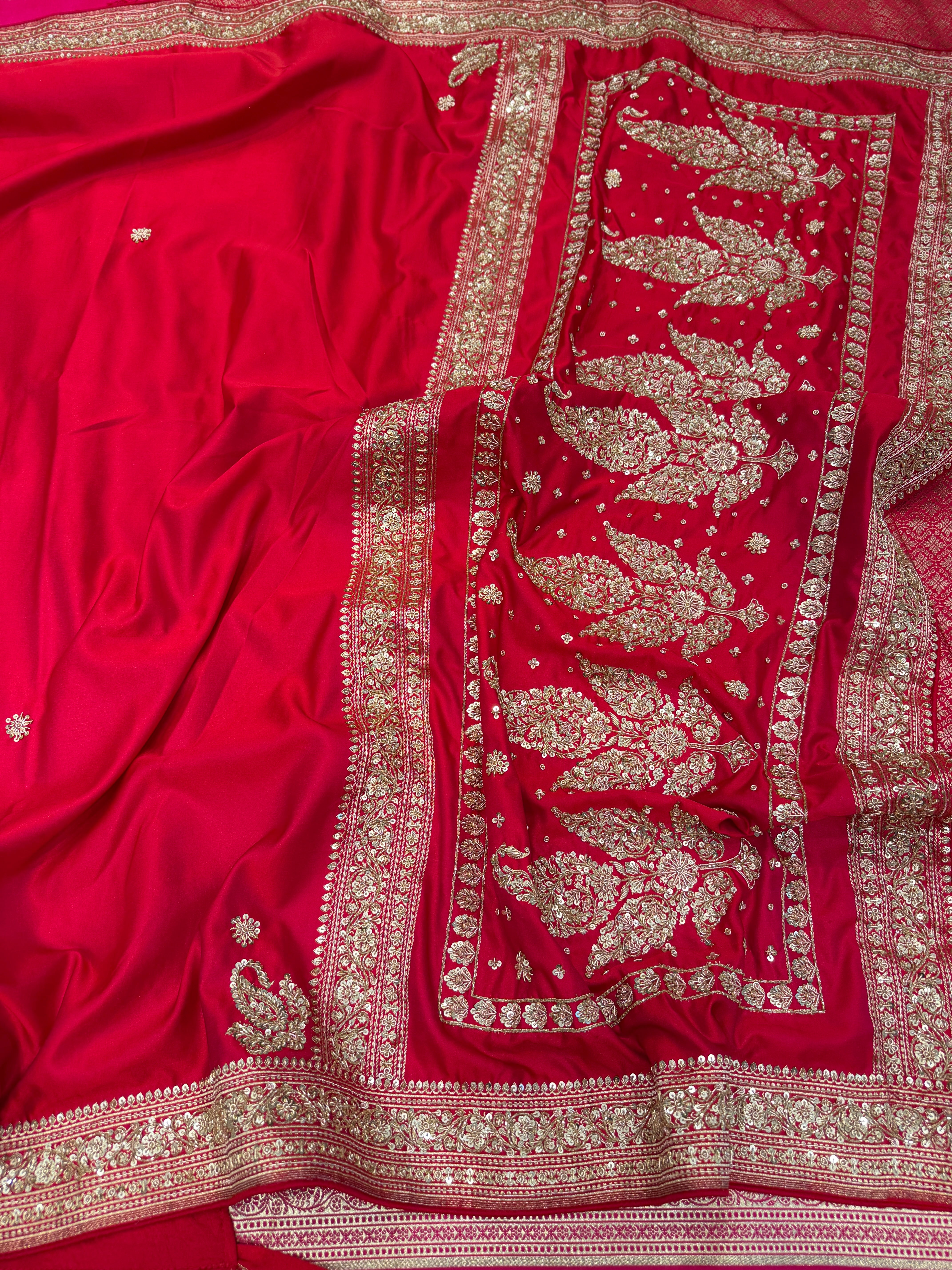 Cross Red Banarasi Plain Zardosi Hand Embroidery Saree
