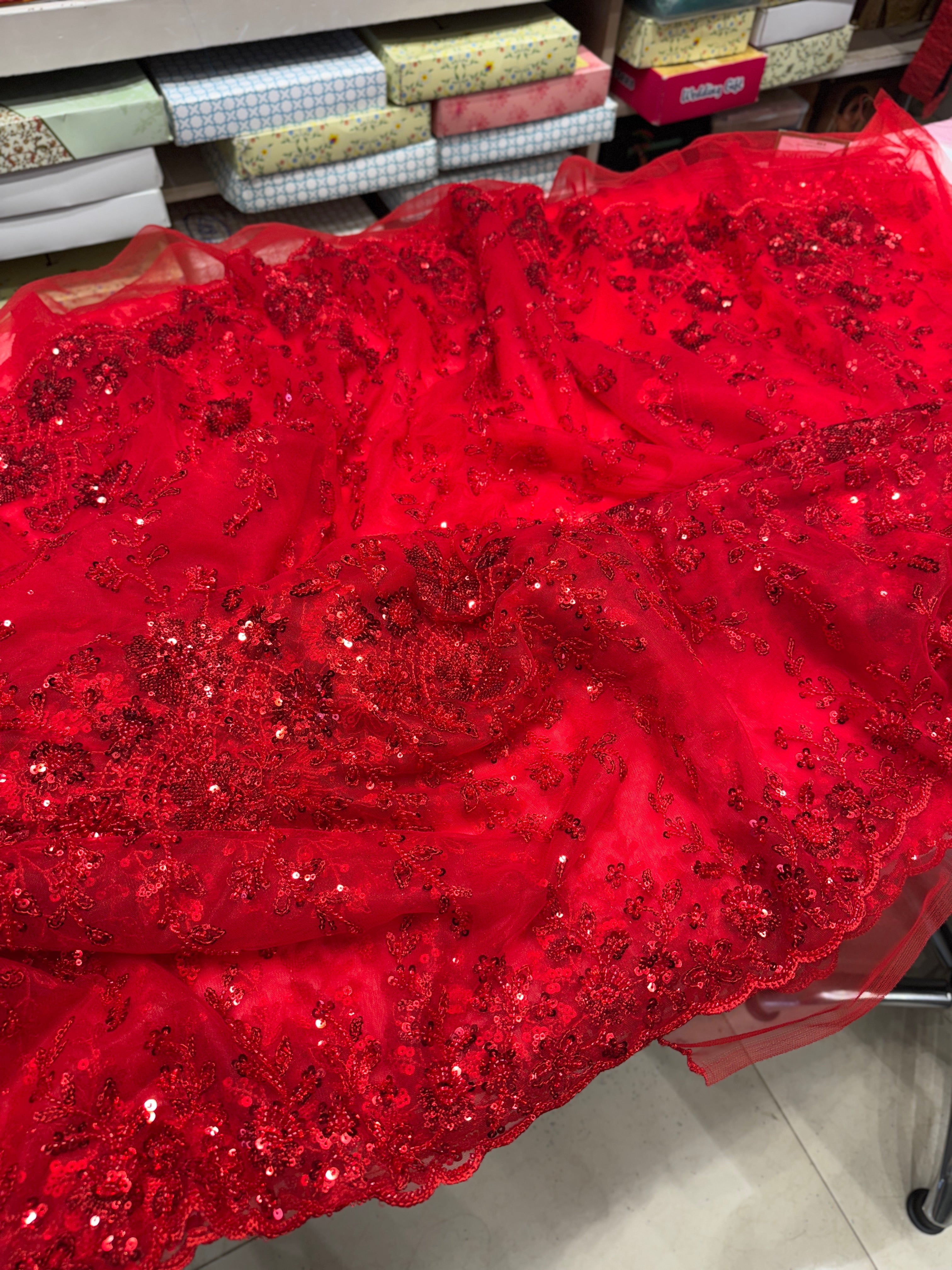 Red Net Embroidery Sequin Saree