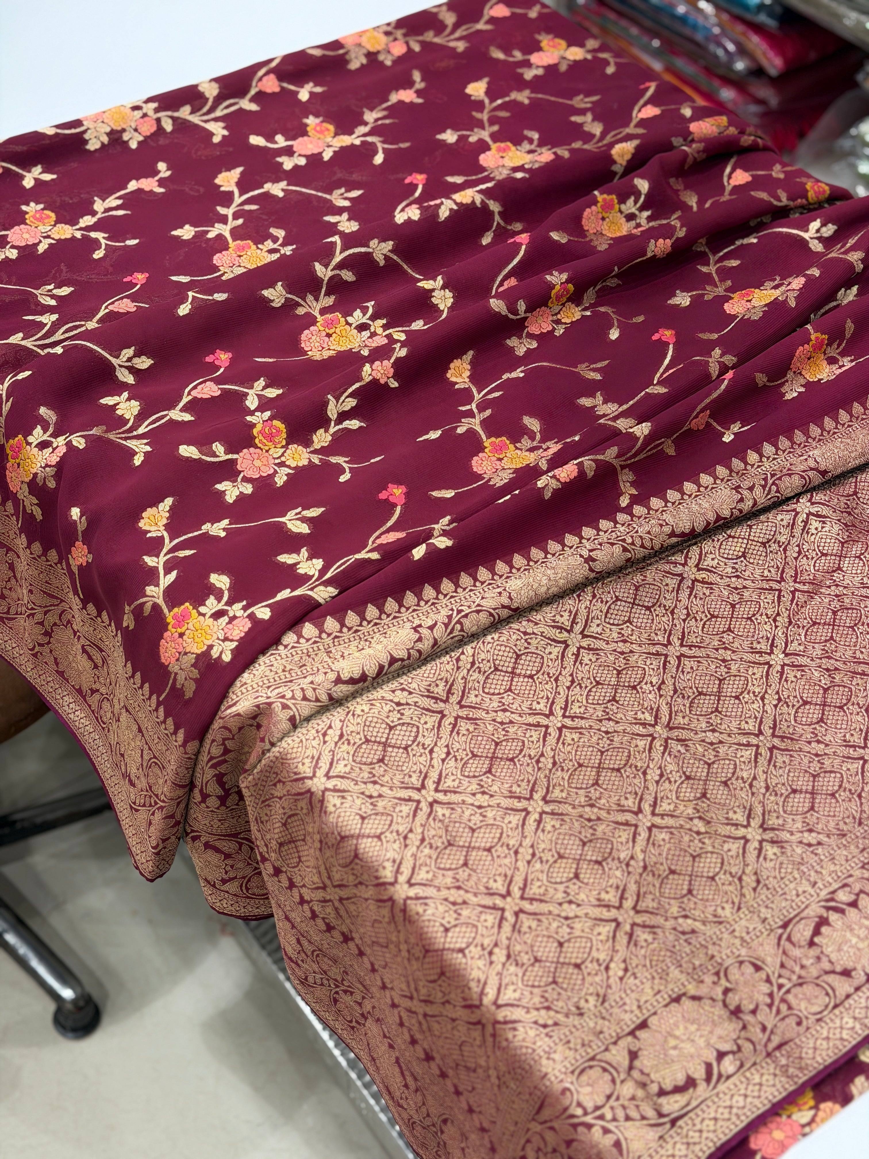 Wine Meenakari Banarasi Khaddi Georgette Jaal Saree