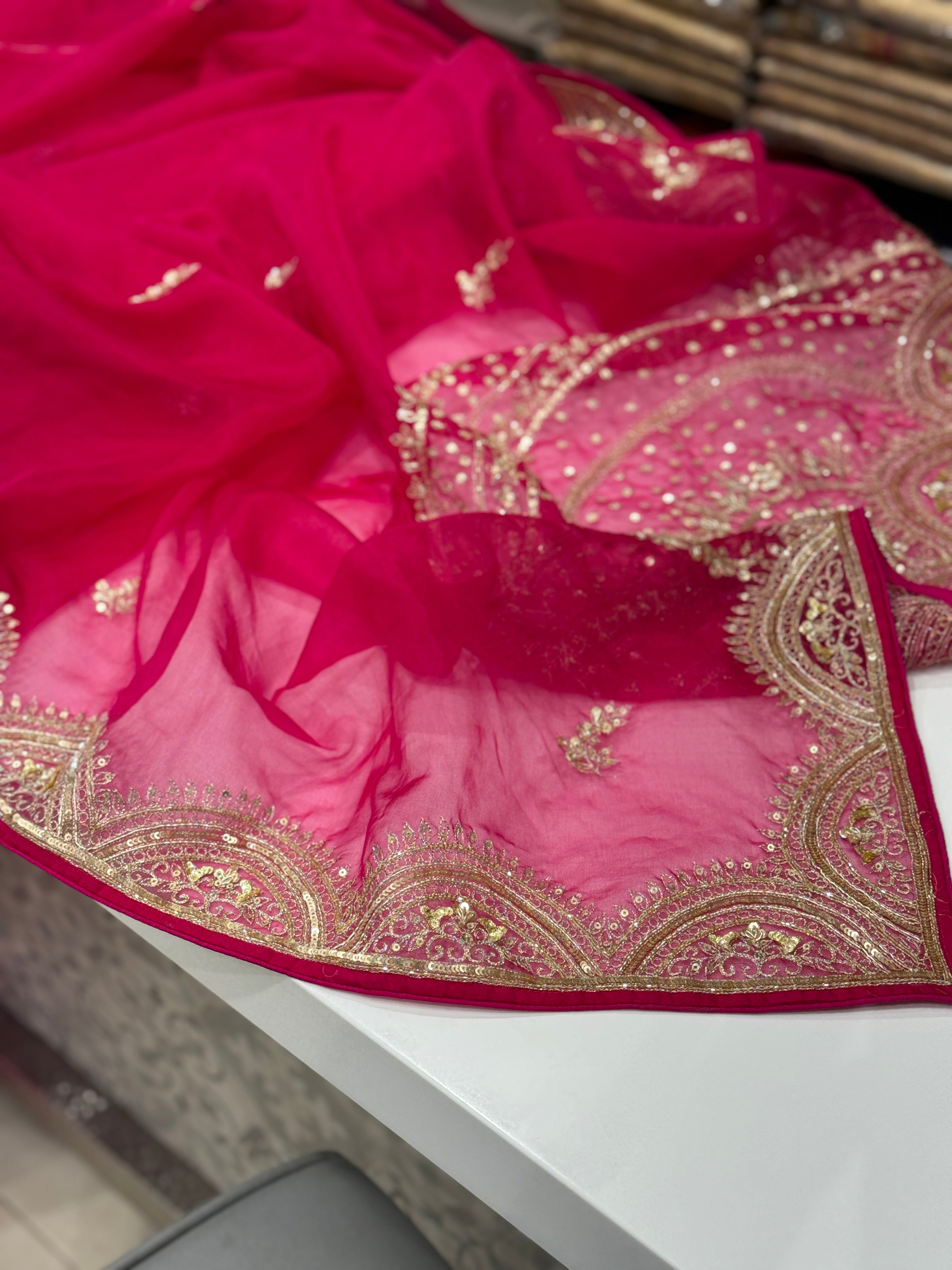 Rani Pink Organza Pita Embroidery Shoulder Butta Saree