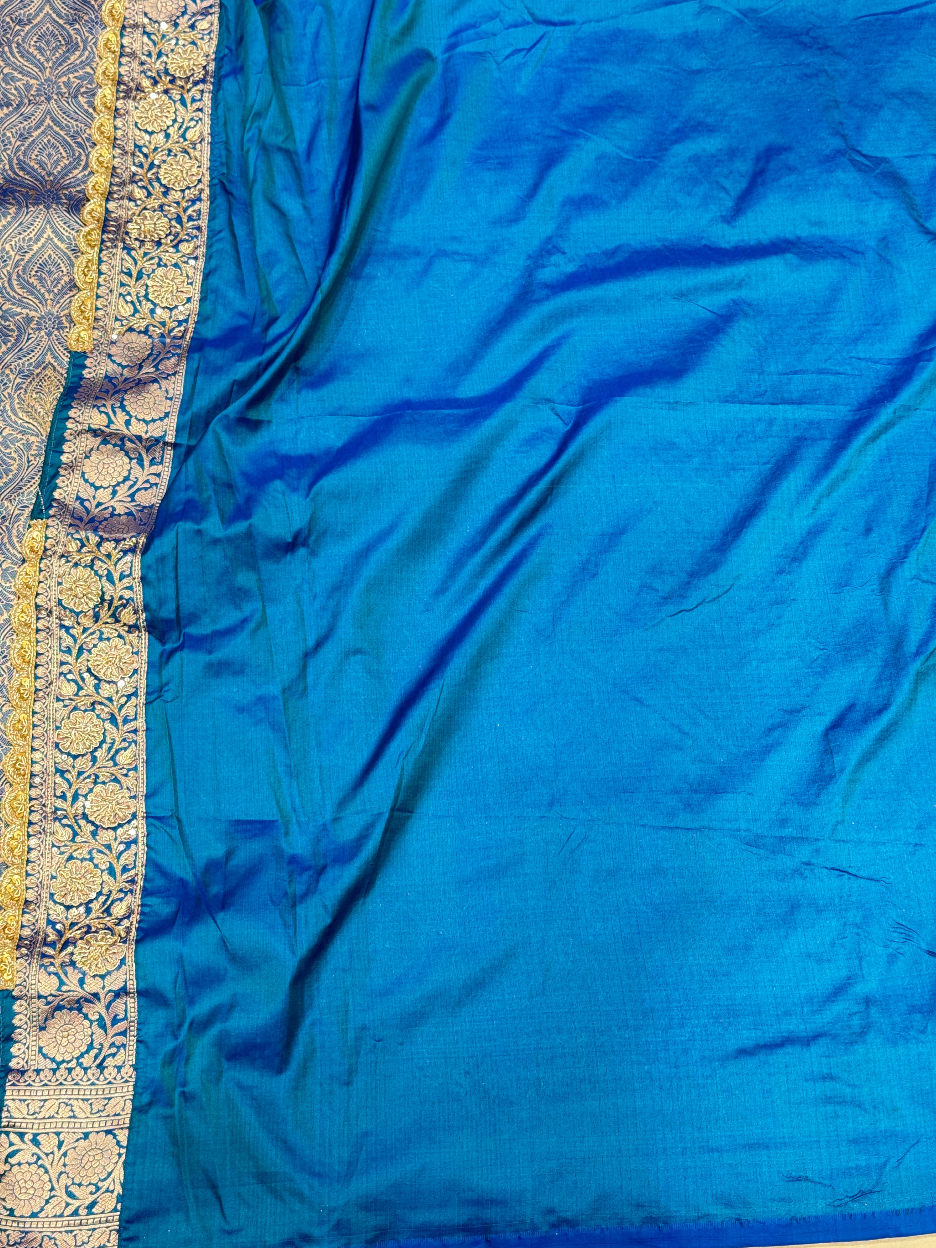 Petrol Blue Banarasi Katan Brocade Hand Embroidery Saree