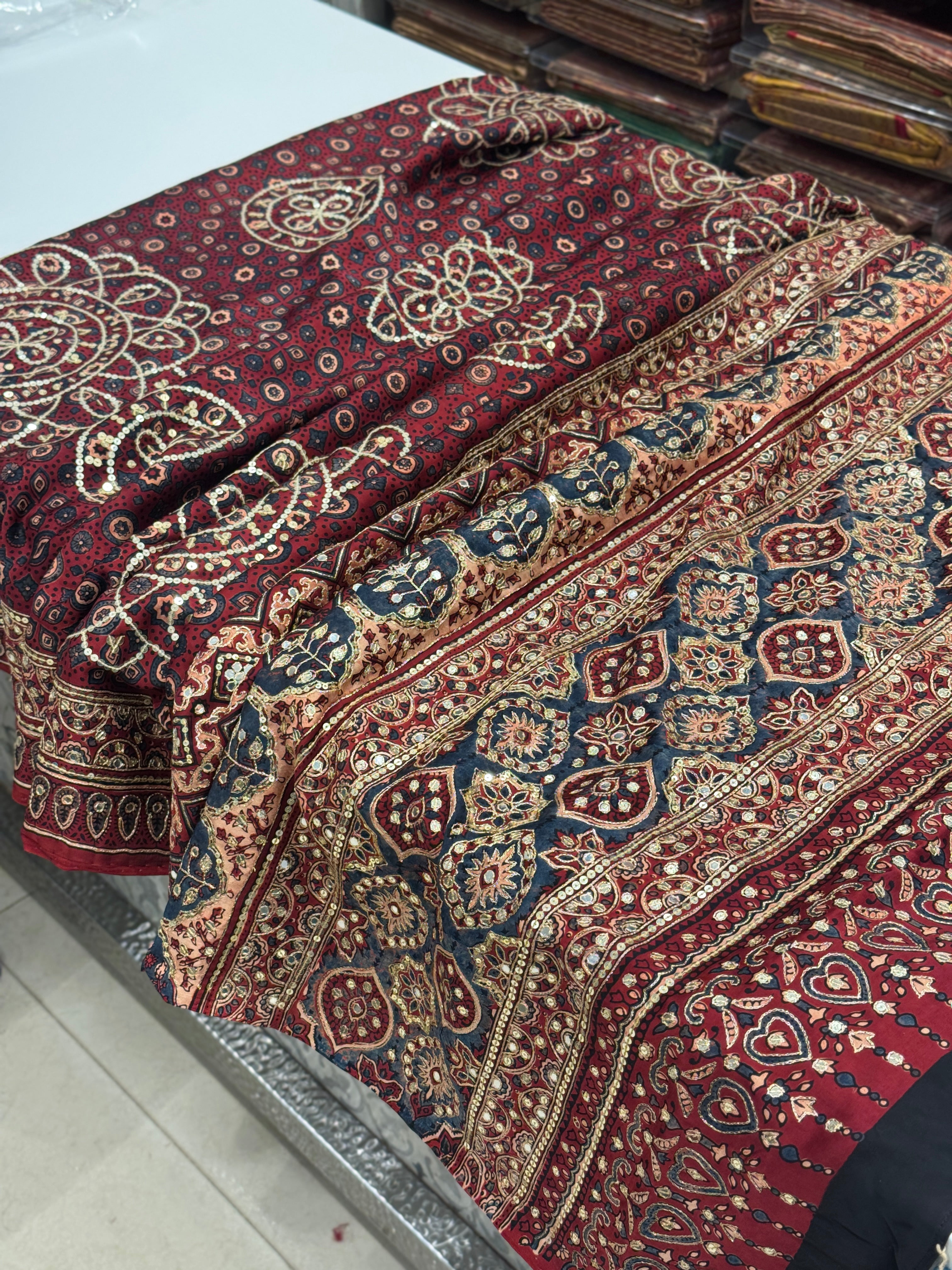 Red Alia Bhatt Inspired Hand Embroidery Ajrakh Saree