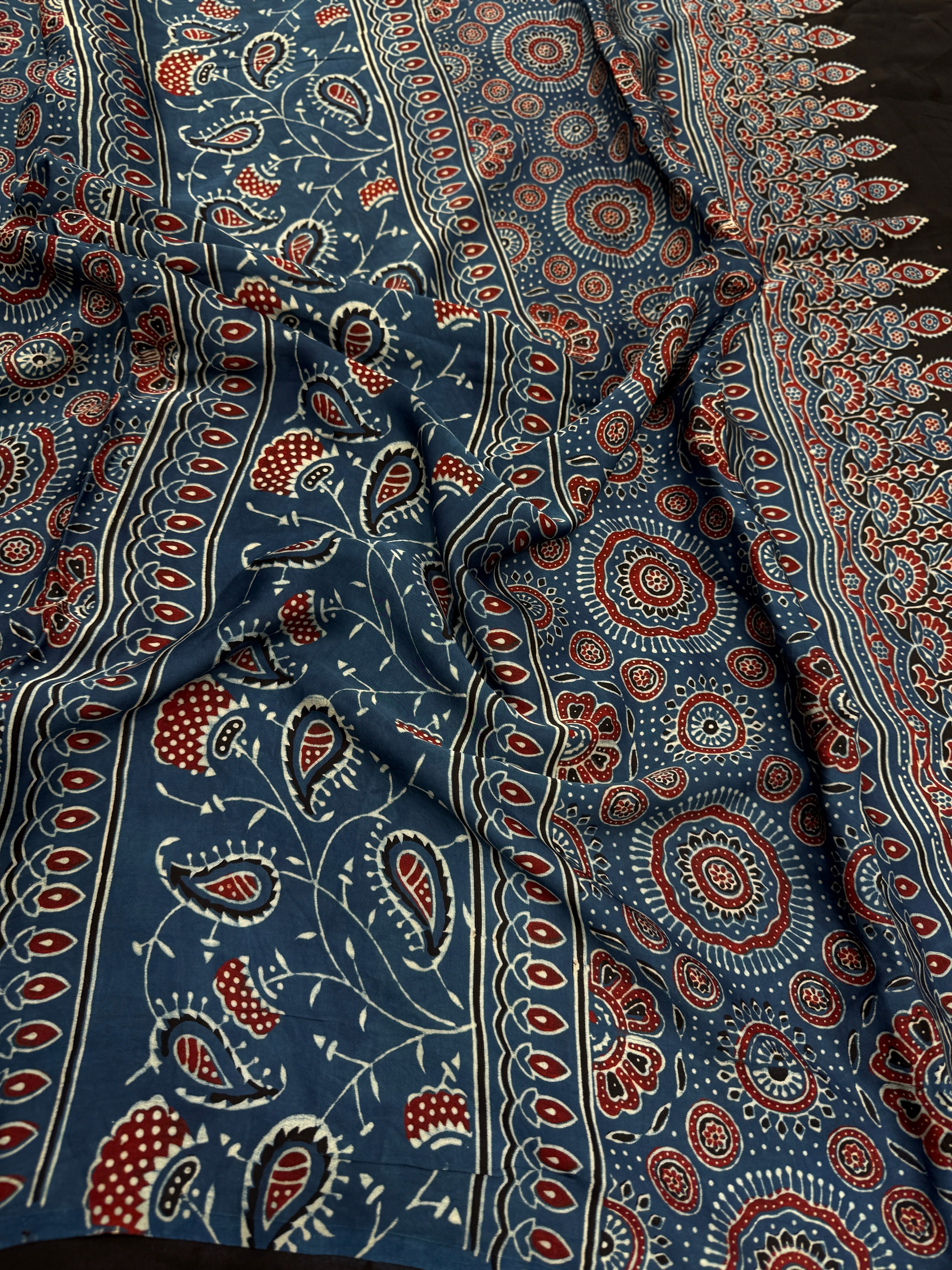 Blue Circle Badam Jaal Ajrakh Block Print Hand Pure Gajji Silk Saree