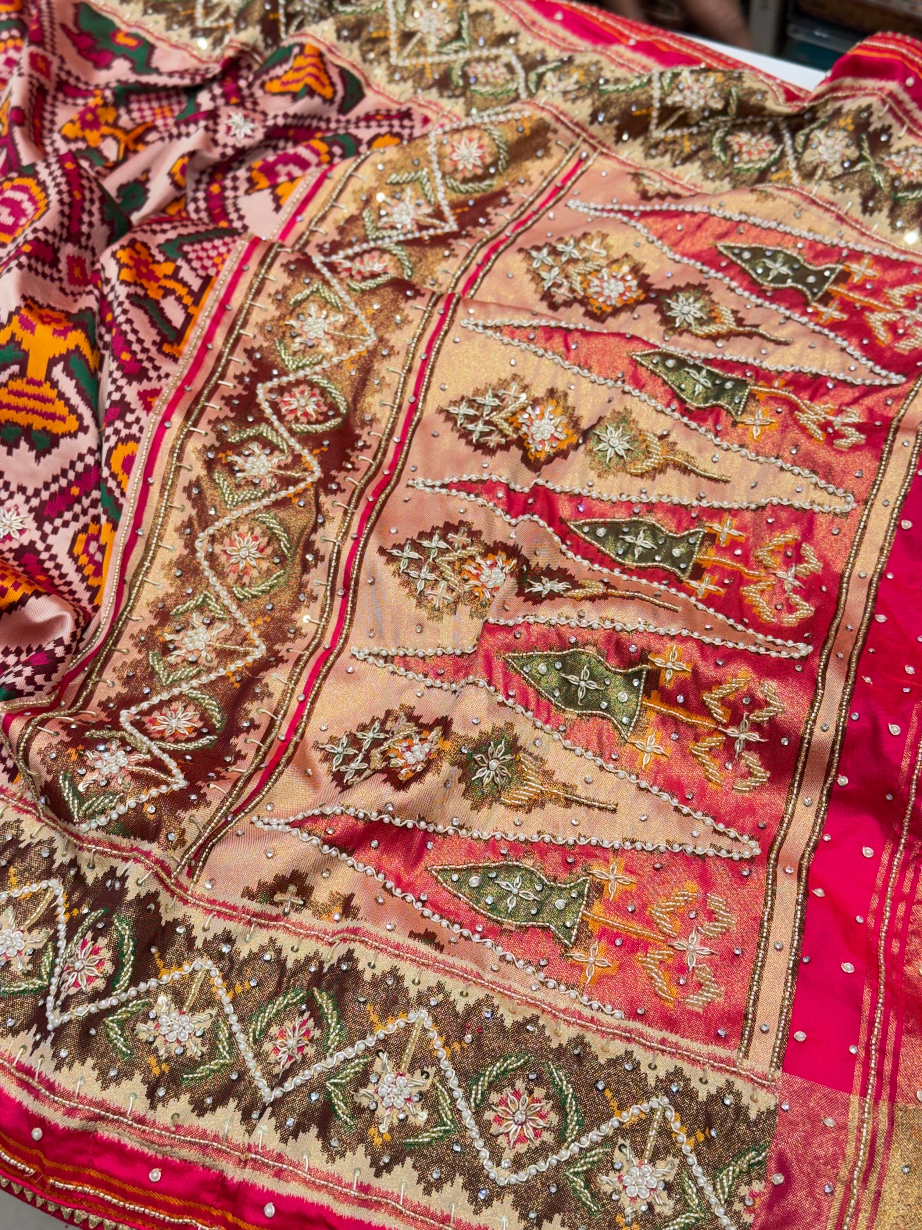 Rani Patola Rajkoti Style Weaved Hand Embroidery Saree