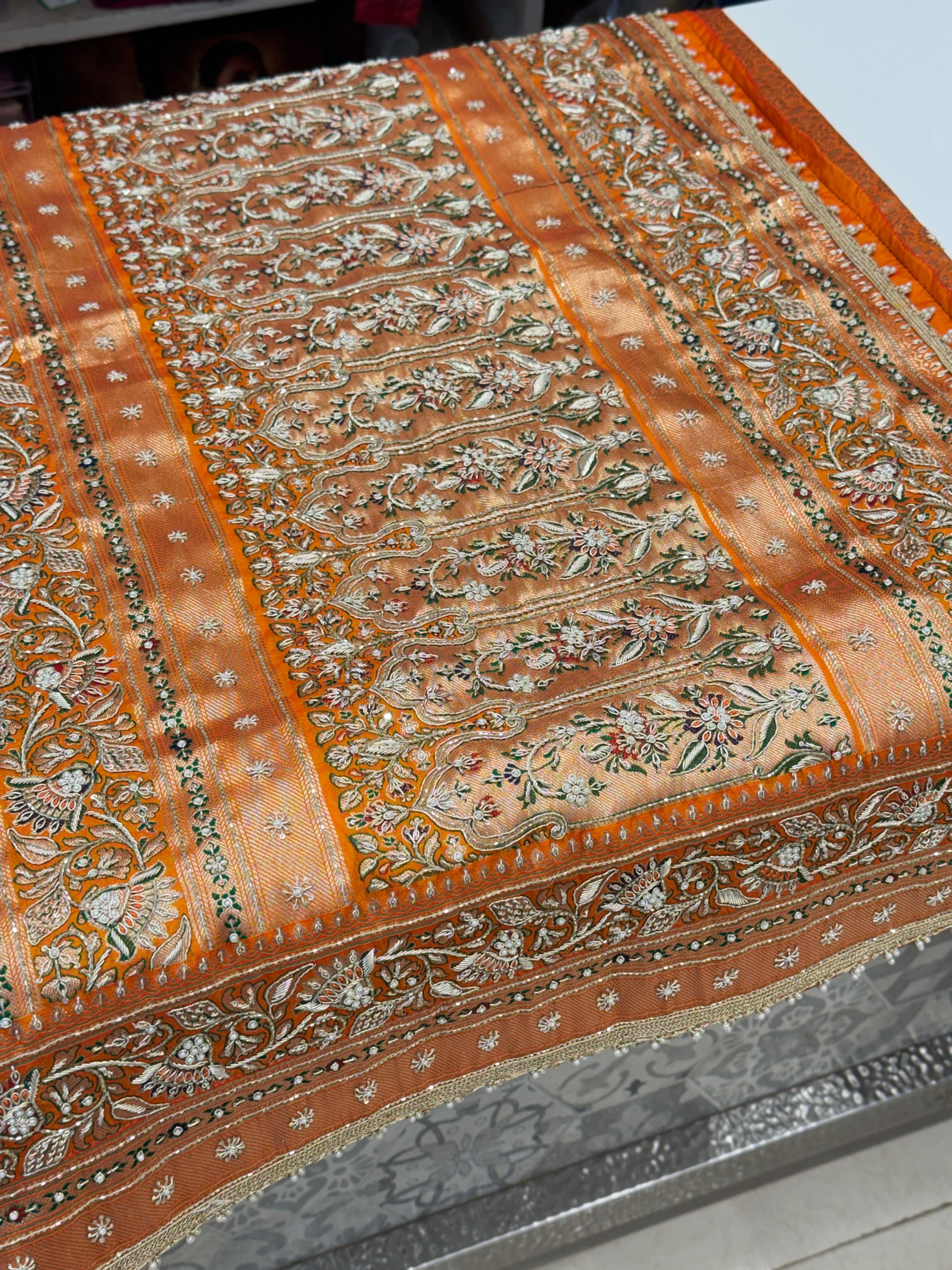 Orange Meenakari Banarasi Zardosi Hand Embroidery Saree