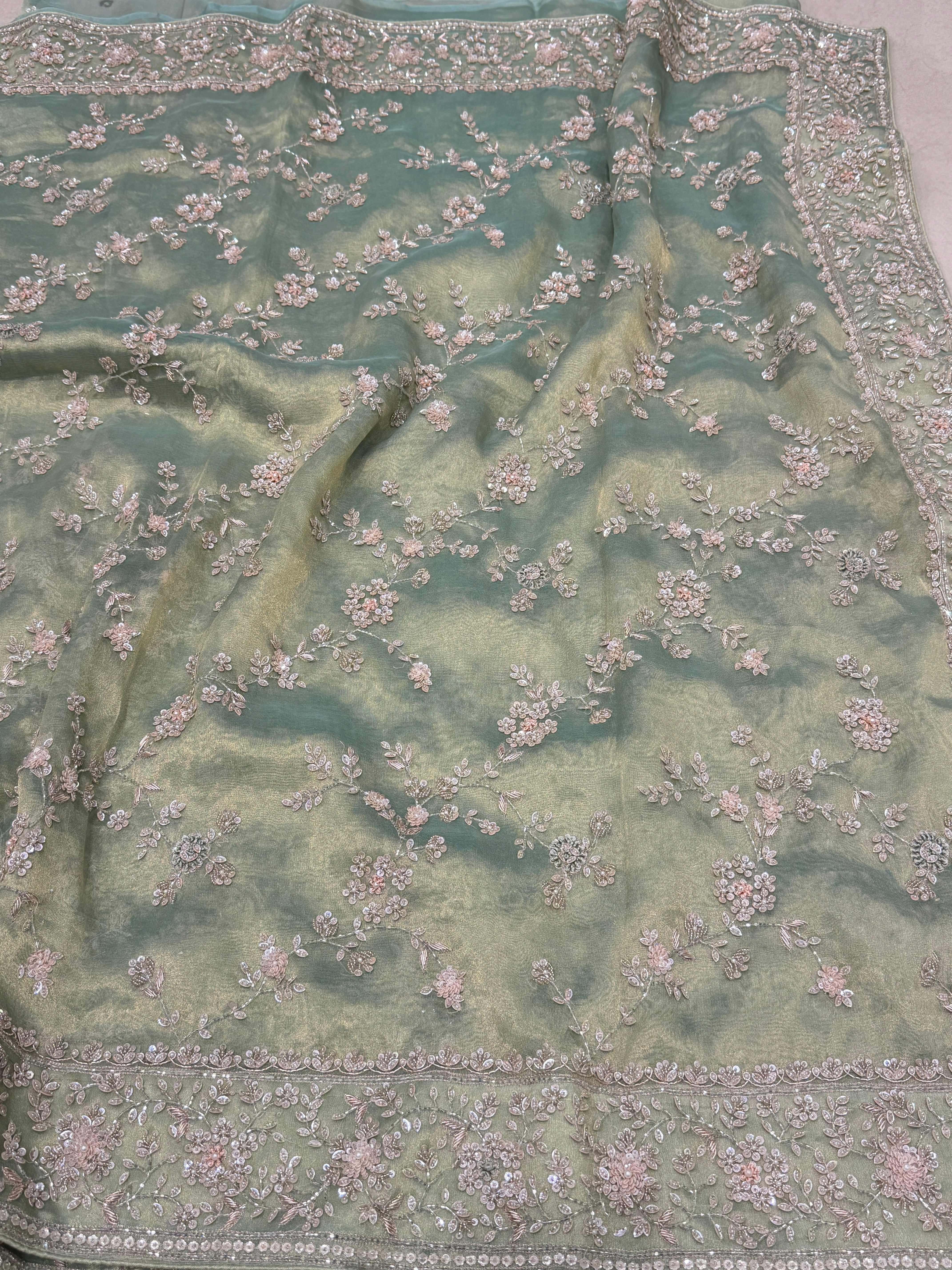 Green Tissue Silk Moti Sequin Zardosi Hand Embroidery Jaal Saree