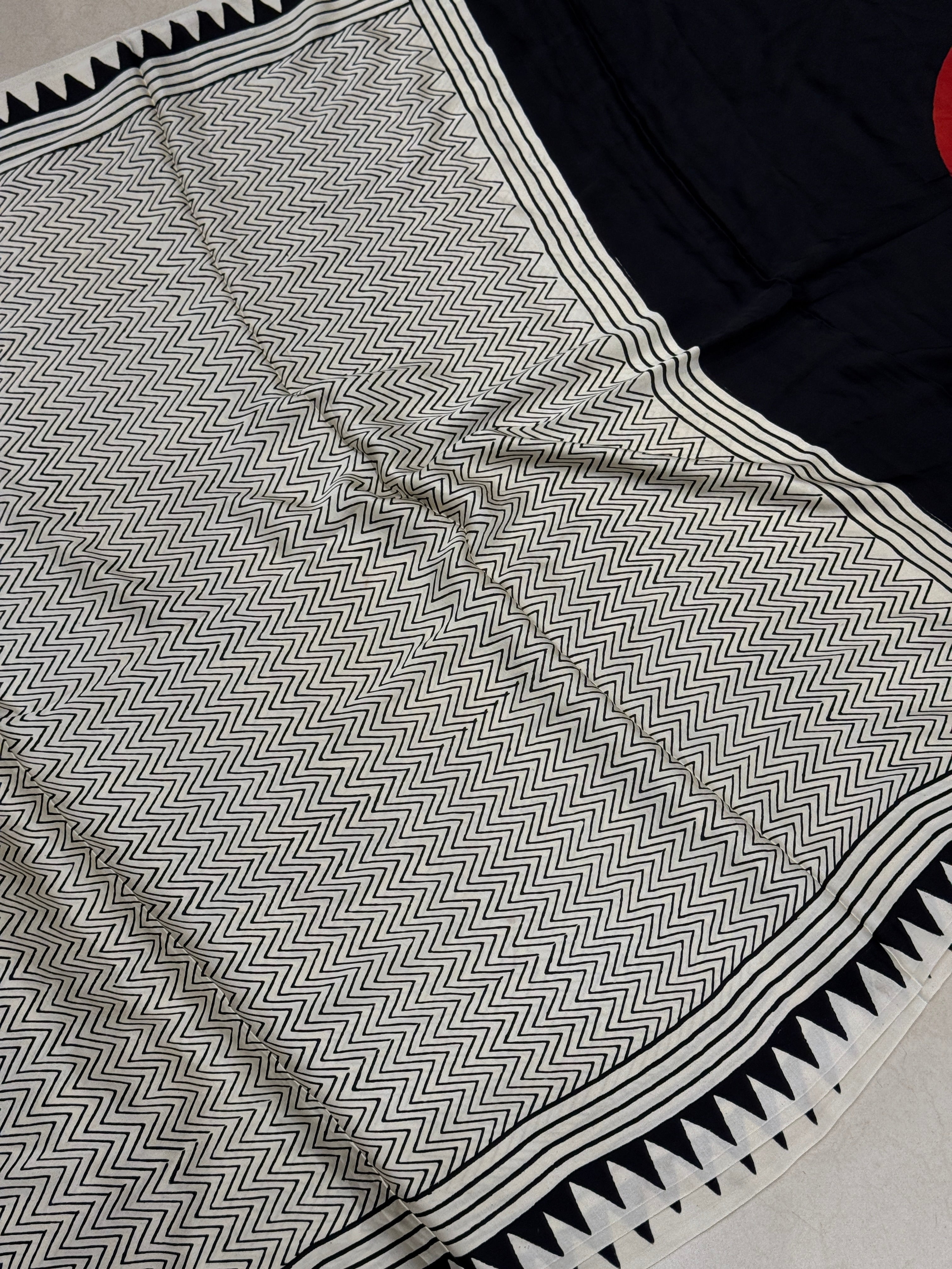 White Red Dot Pallu Ajrakh Hand Block Print Pure Gajji Silk Saree