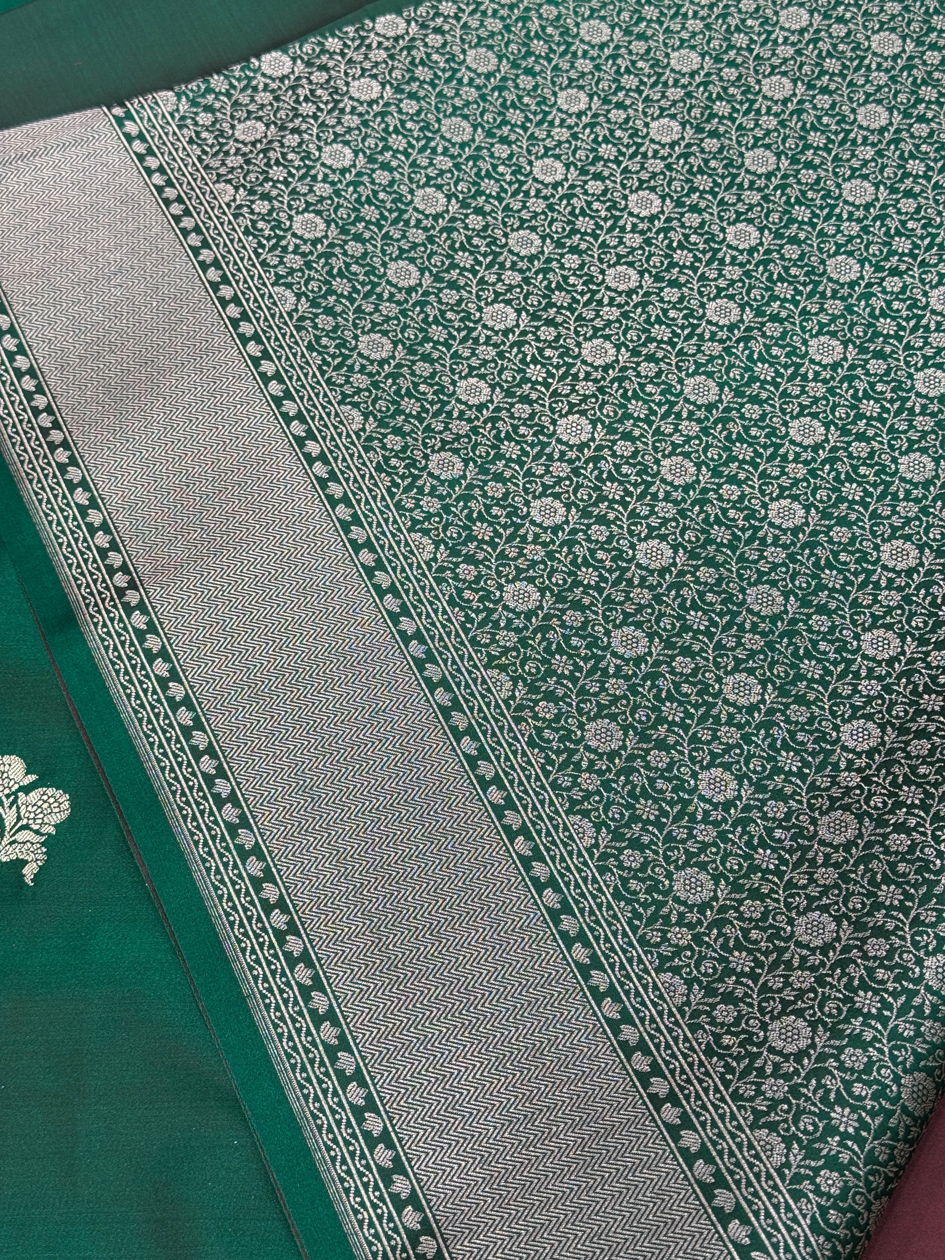 Bottle Green Banarasi Taj Mahal Floral Buttas Saree
