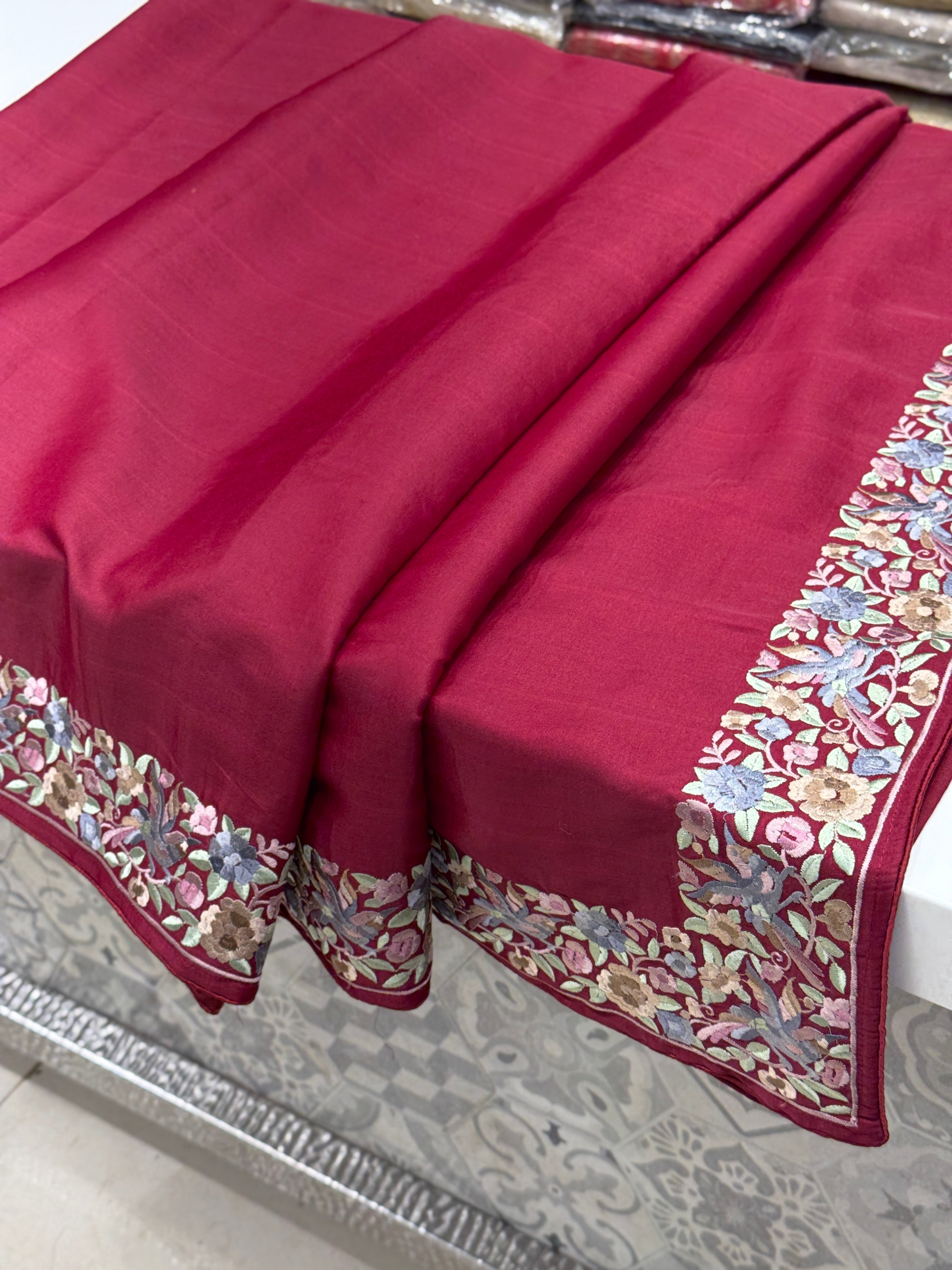 Maroon Silk Multi Colour Gara Border Saree