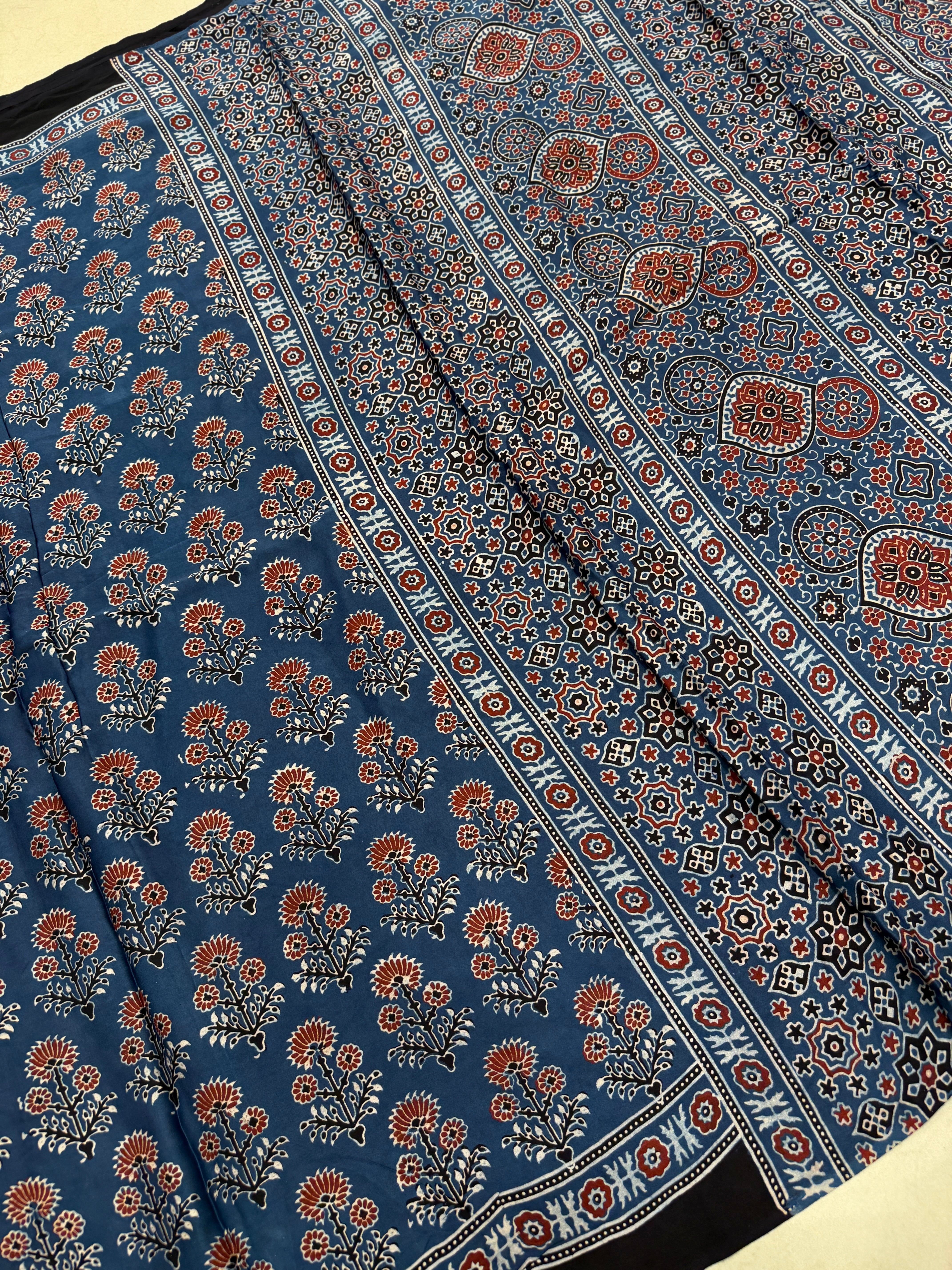 Blue Buttas Ajrakh Hand Block Print Pure Gajji Silk Saree