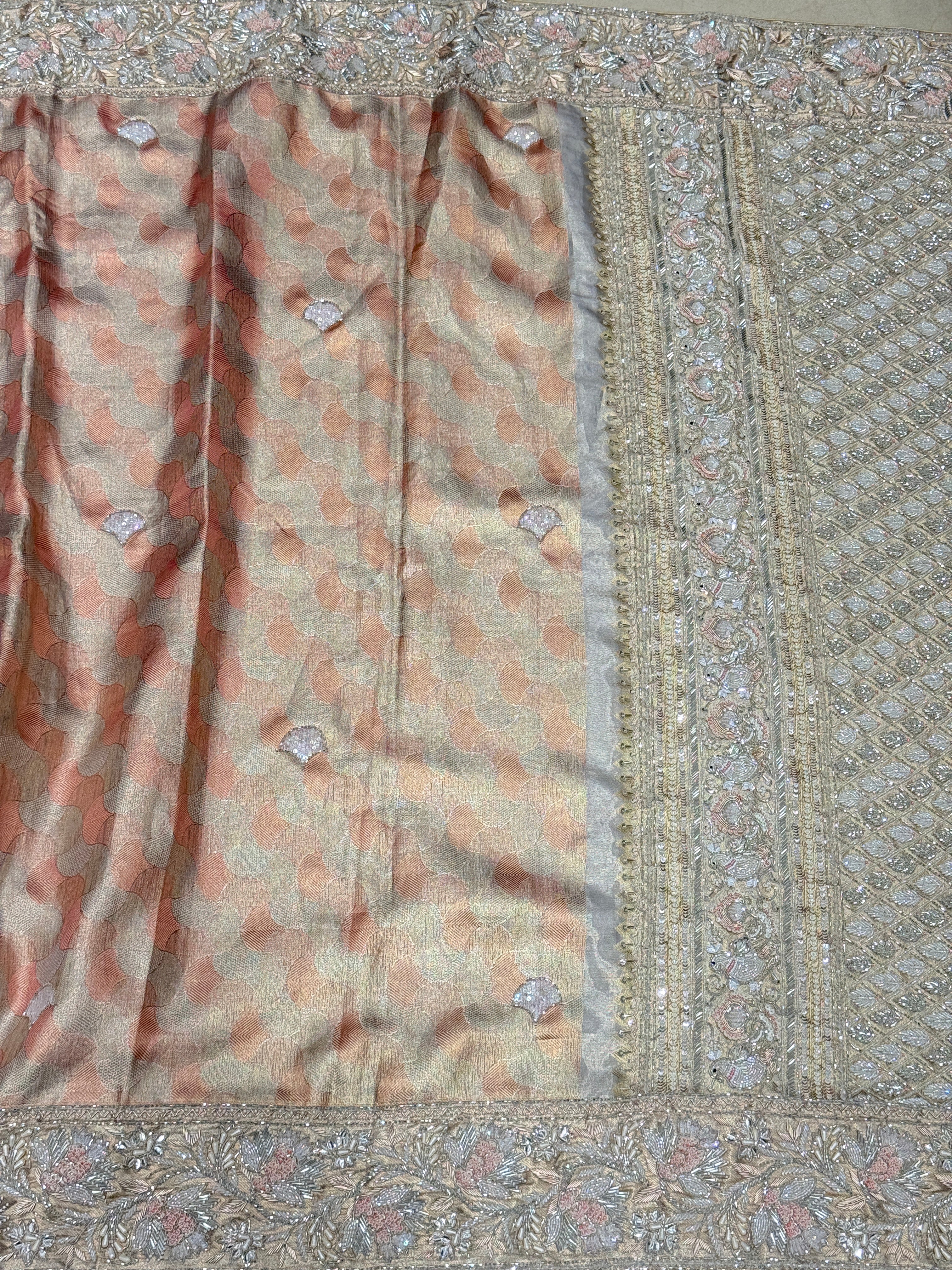 Peach Silver Contemporary Kanjivaram Hand Embroidery Zardosi Saree