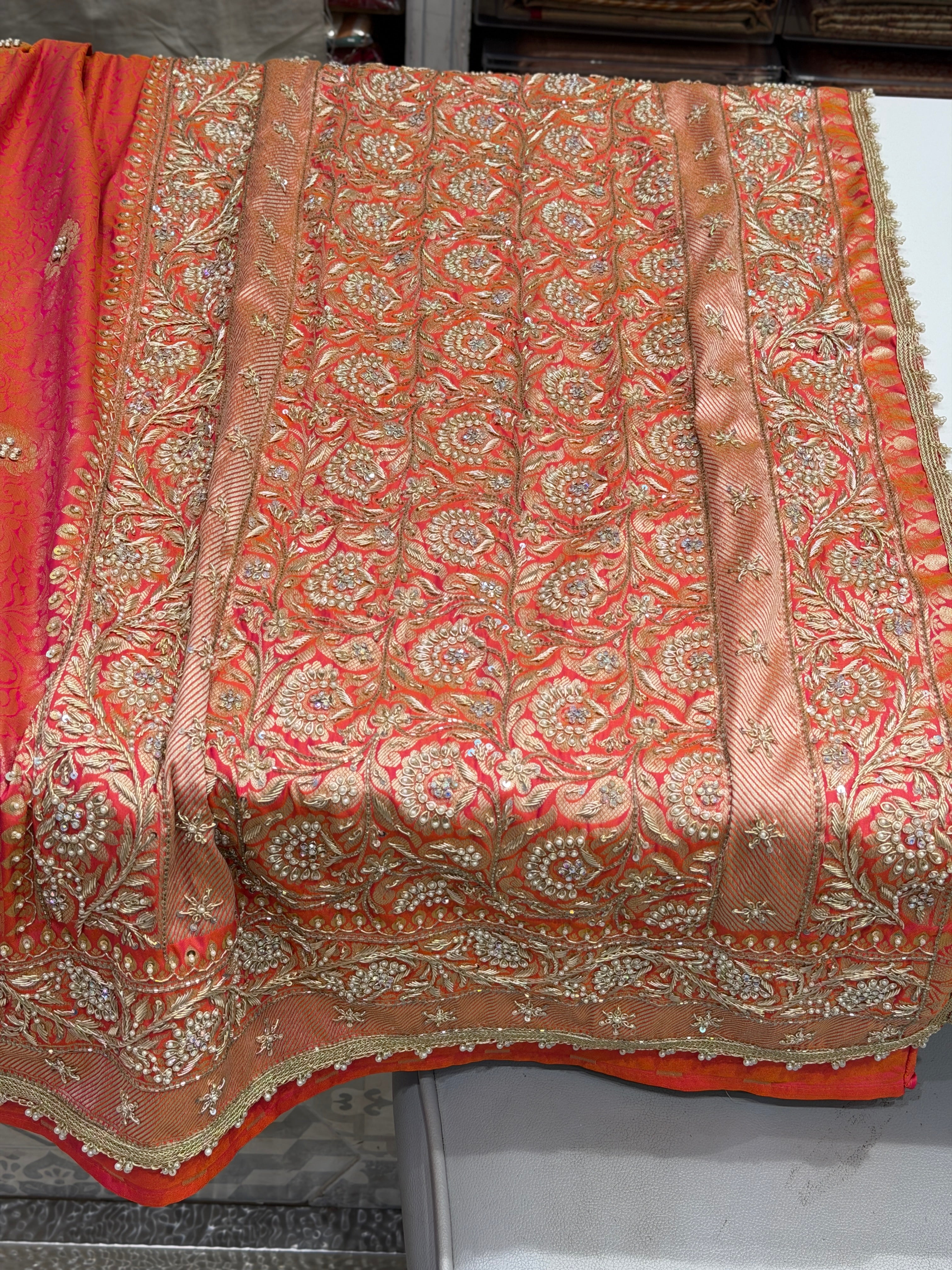 Rani Dhupchav Banarasi Zardosi Hand Embroidery Brocade Saree