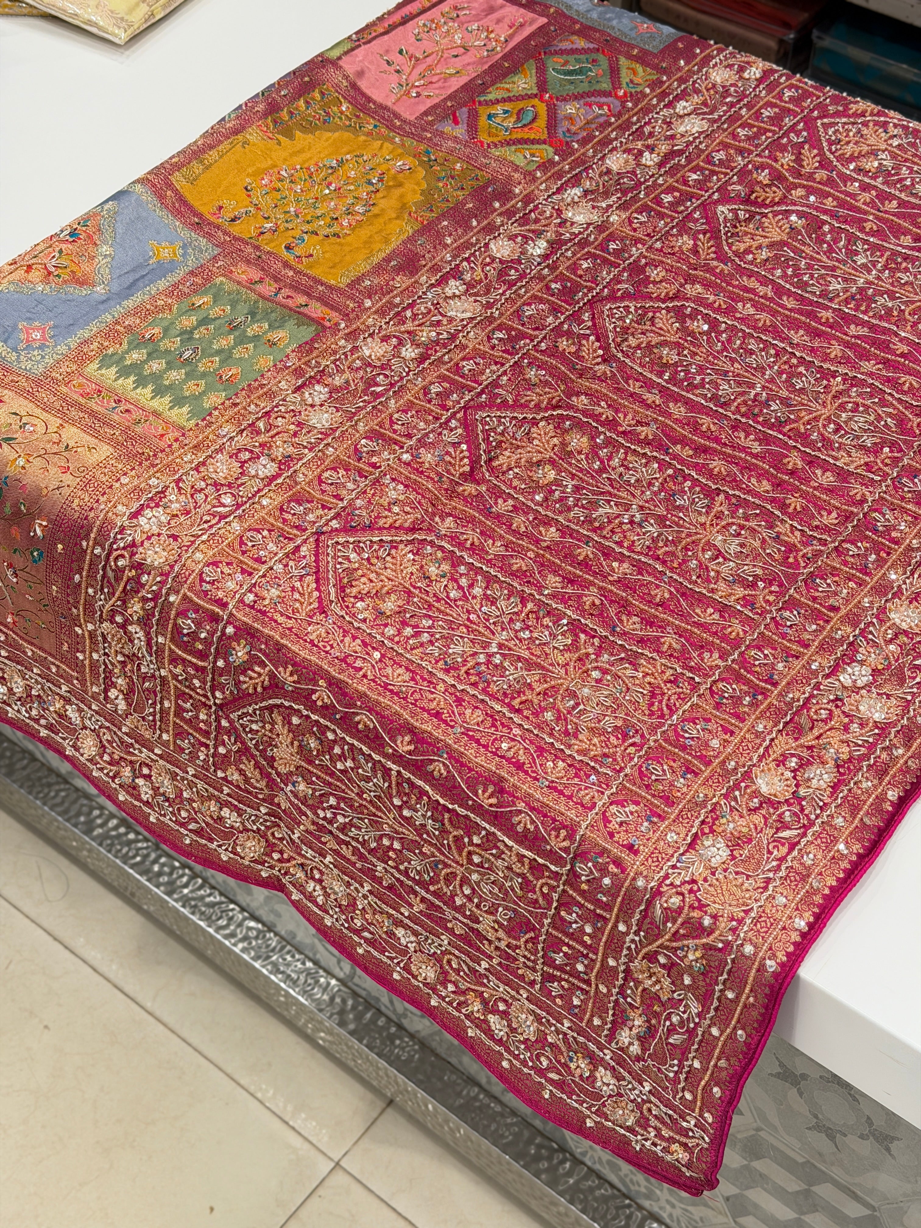 Multi Colour Modal Banarasi Rangkat Moti Sequin Hand Embroidery Saree