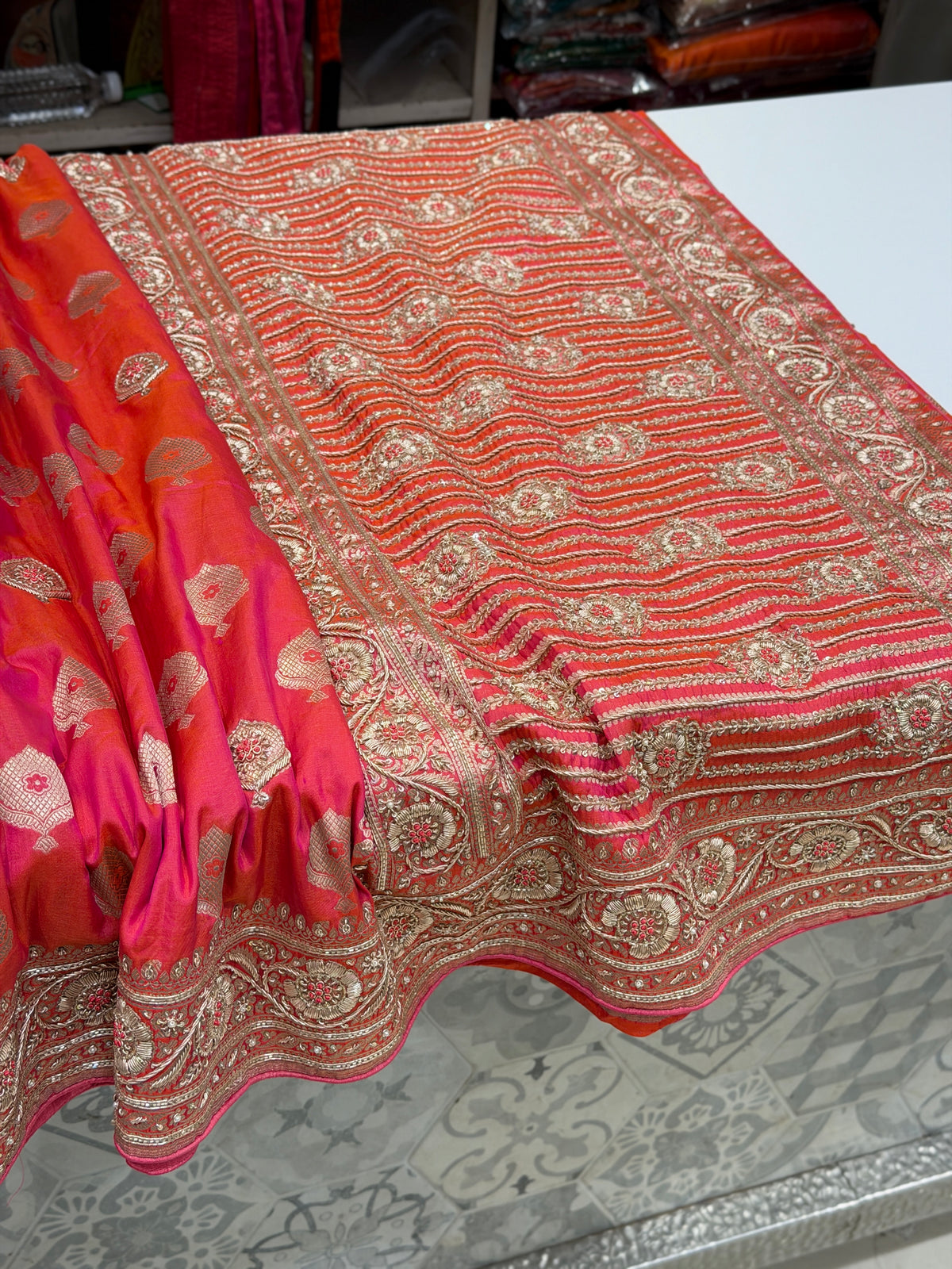 Cross Rani Handloom Banarasi Katan Silk Zardosi Hand Embroidery Saree