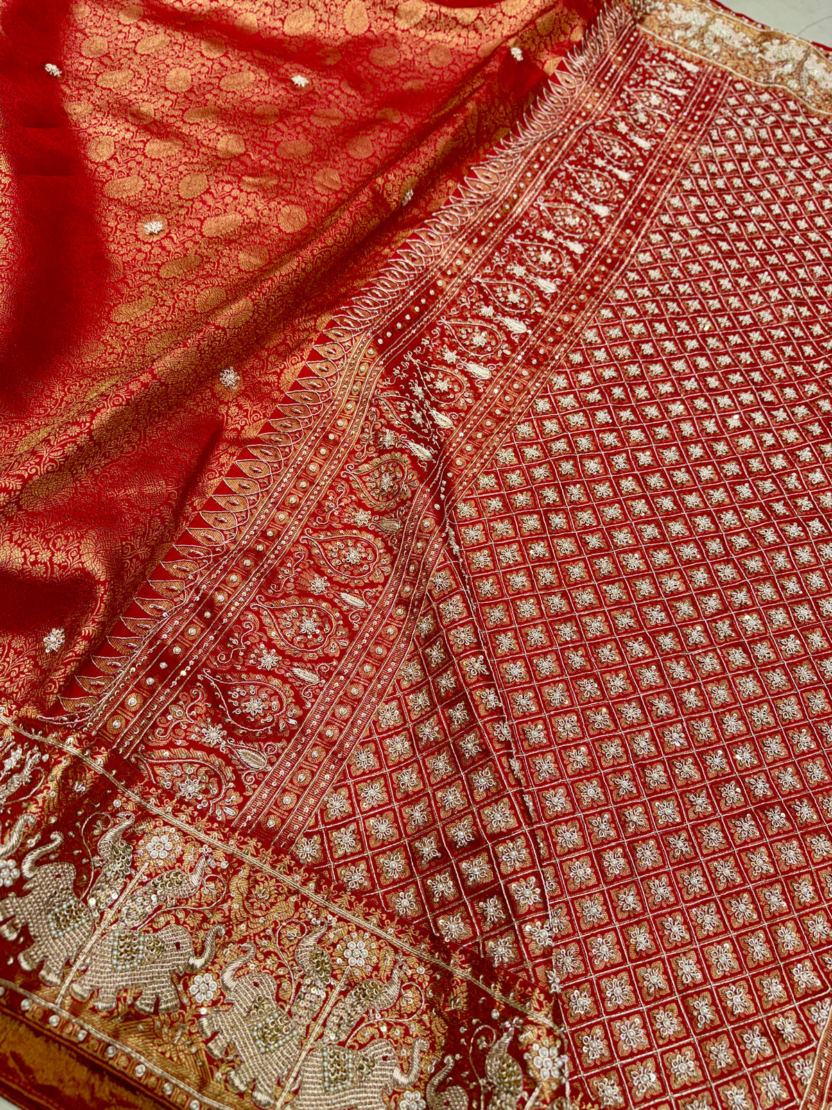 Red Kanjivaram Elephant Motifs Zardosi Hand Embroidery Saree