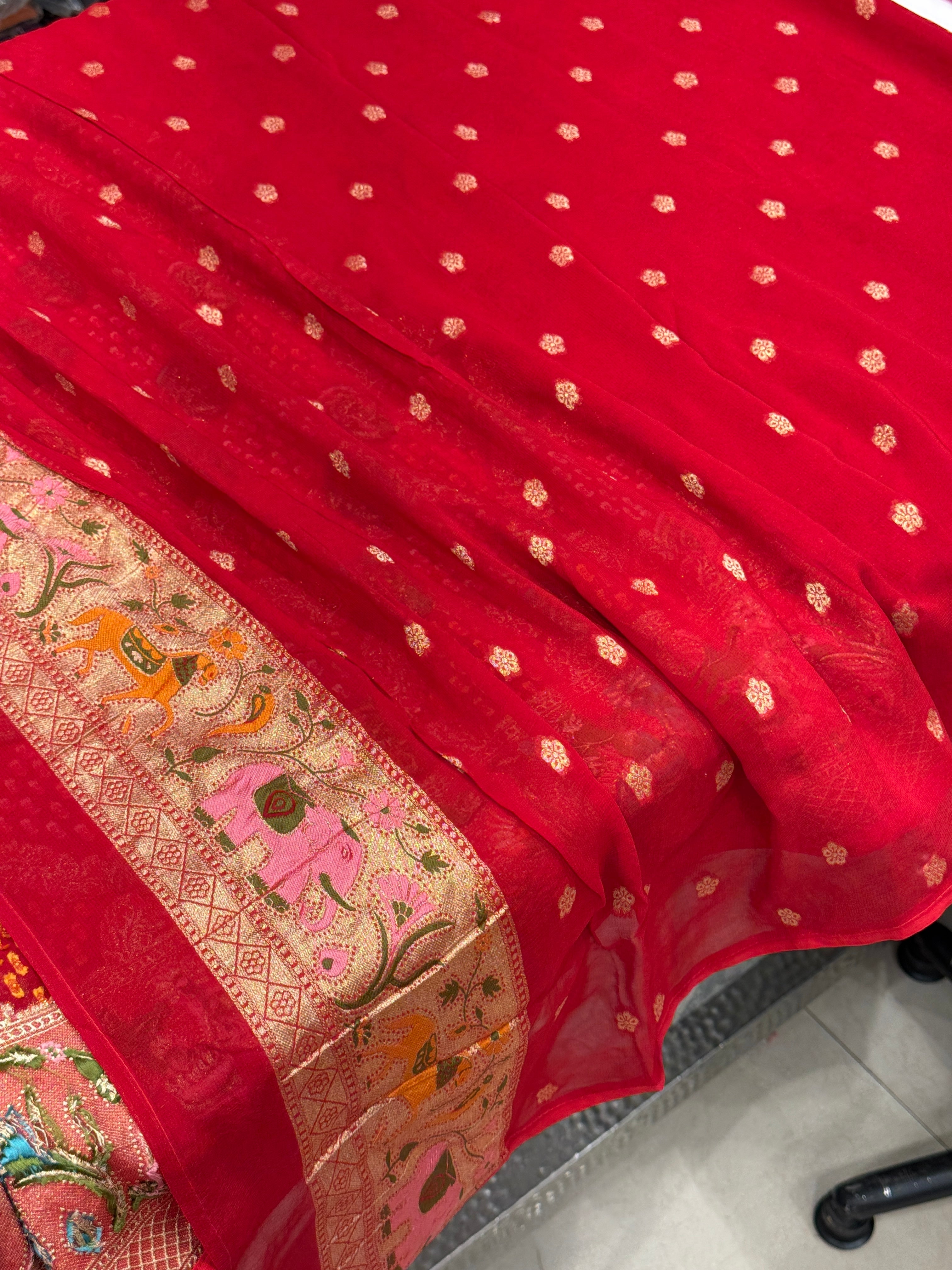 Red Meenkari Asvah Hastin Border Woven Bandhej Saree