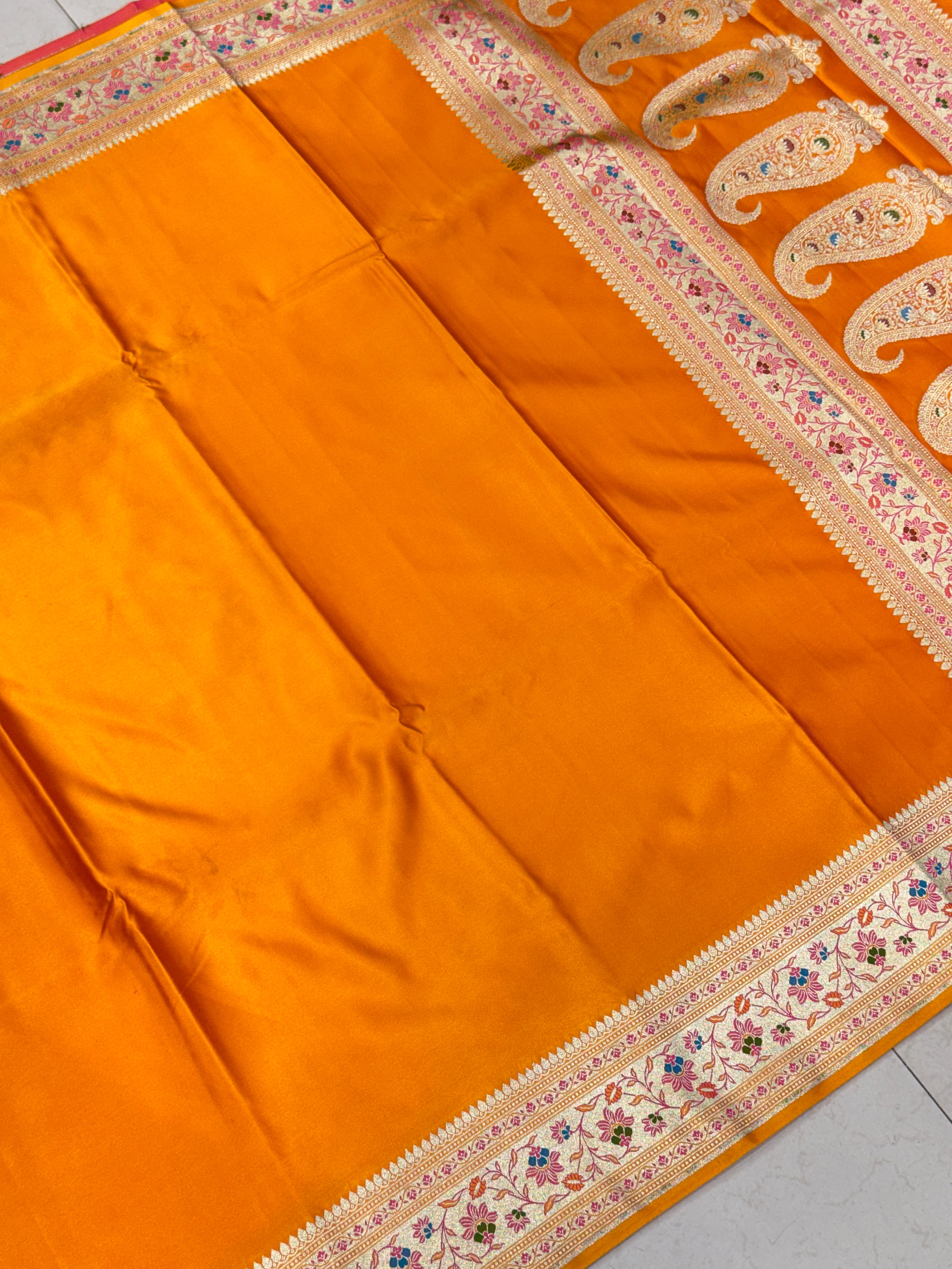 Mango Yellow Banarasi Plain Body Meena Pallu Border Saree