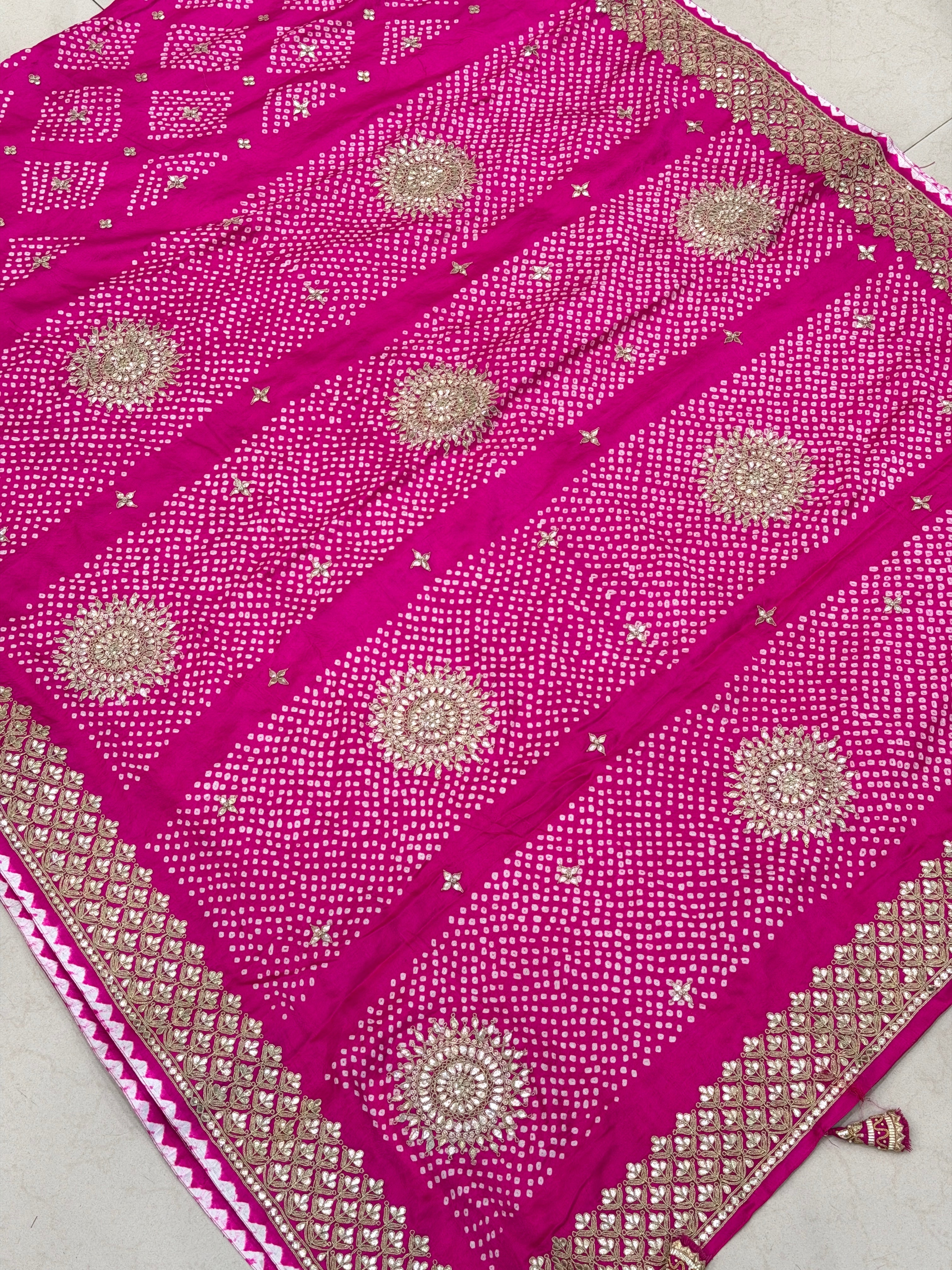 Rani Pink Gajji Silk Rai Bandhej Marodi Hand Embroidery Dabka Saree