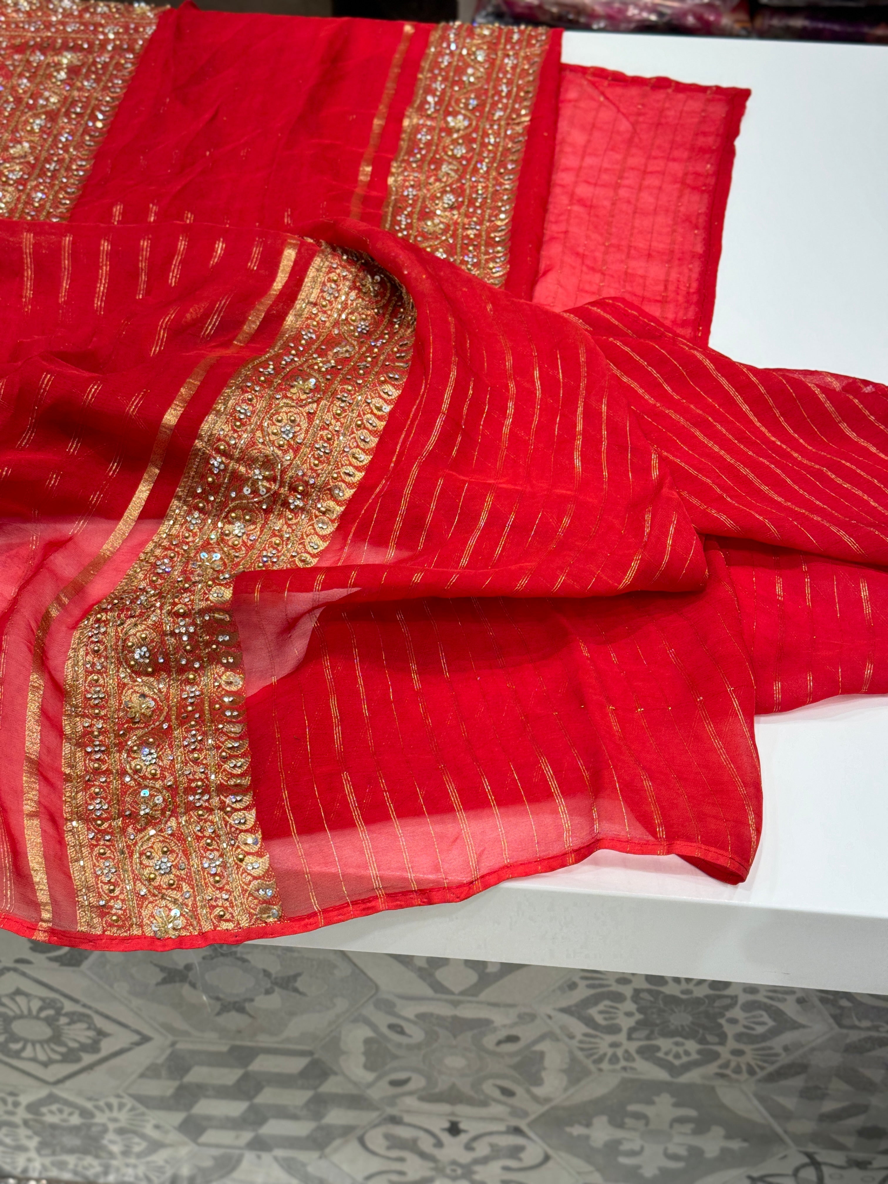 Red Banarasi Khaddi Georgette Hand Done Buttis