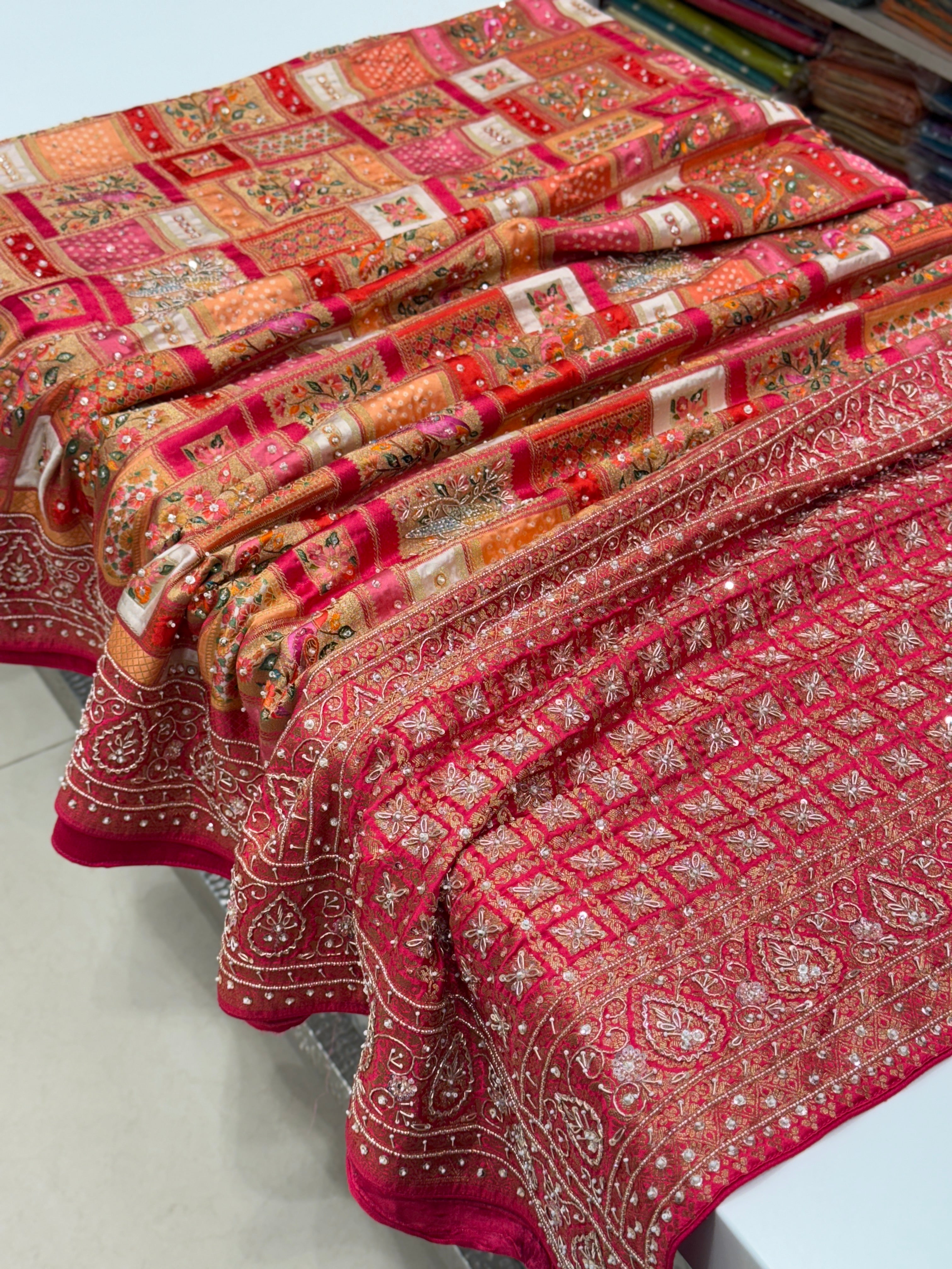 Banarasi Modal Rangkat Peacock Check Hand Embroidery Saree