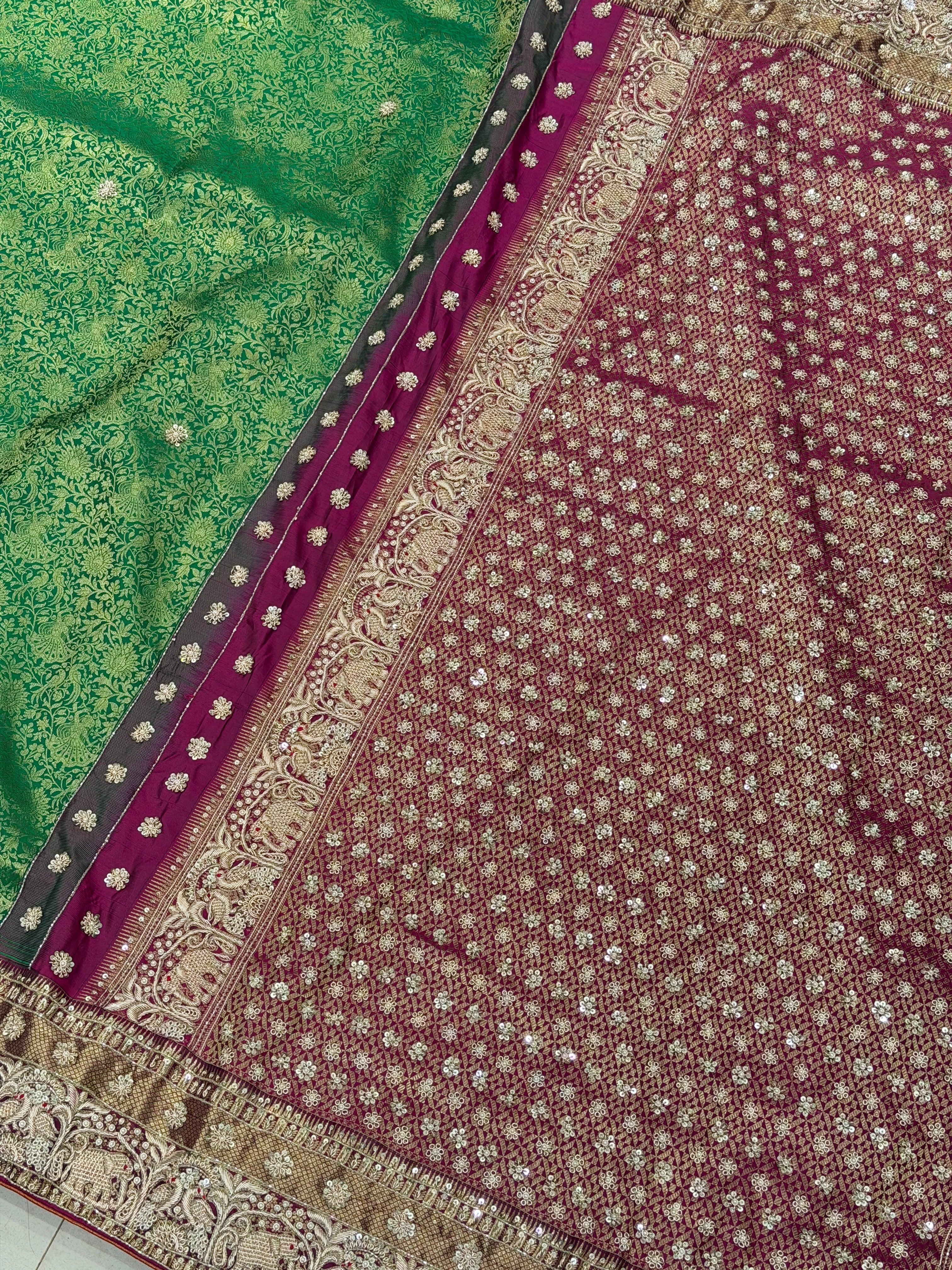 Green Purple Kanjivaram Elephant Motifs Zardosi Hand Embroidery Saree