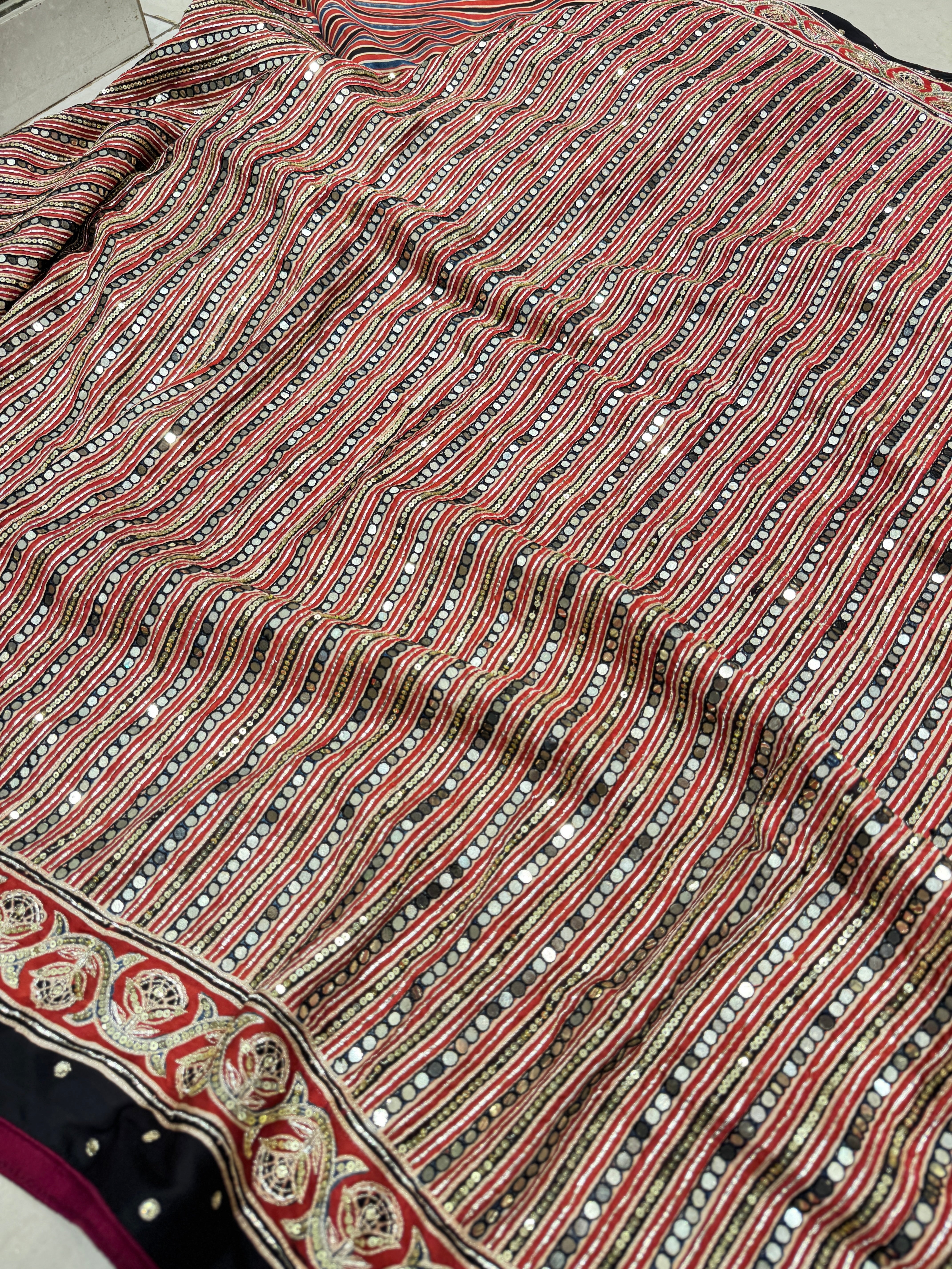 Red Contemporary Mirror Ajrakh Hand Embroidery Saree