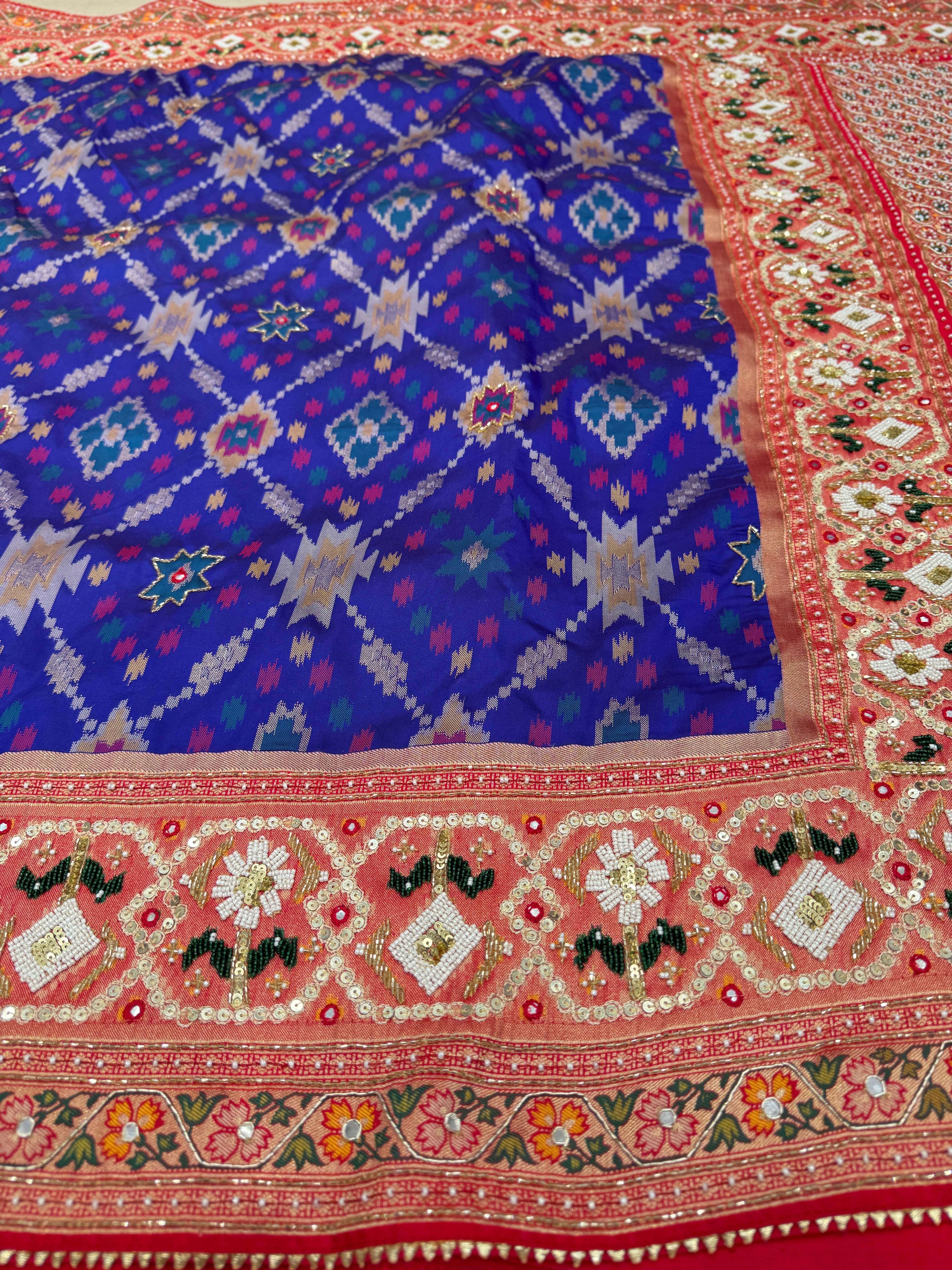 Royal Blue Patola Kidiya Moti Embroidery Saree