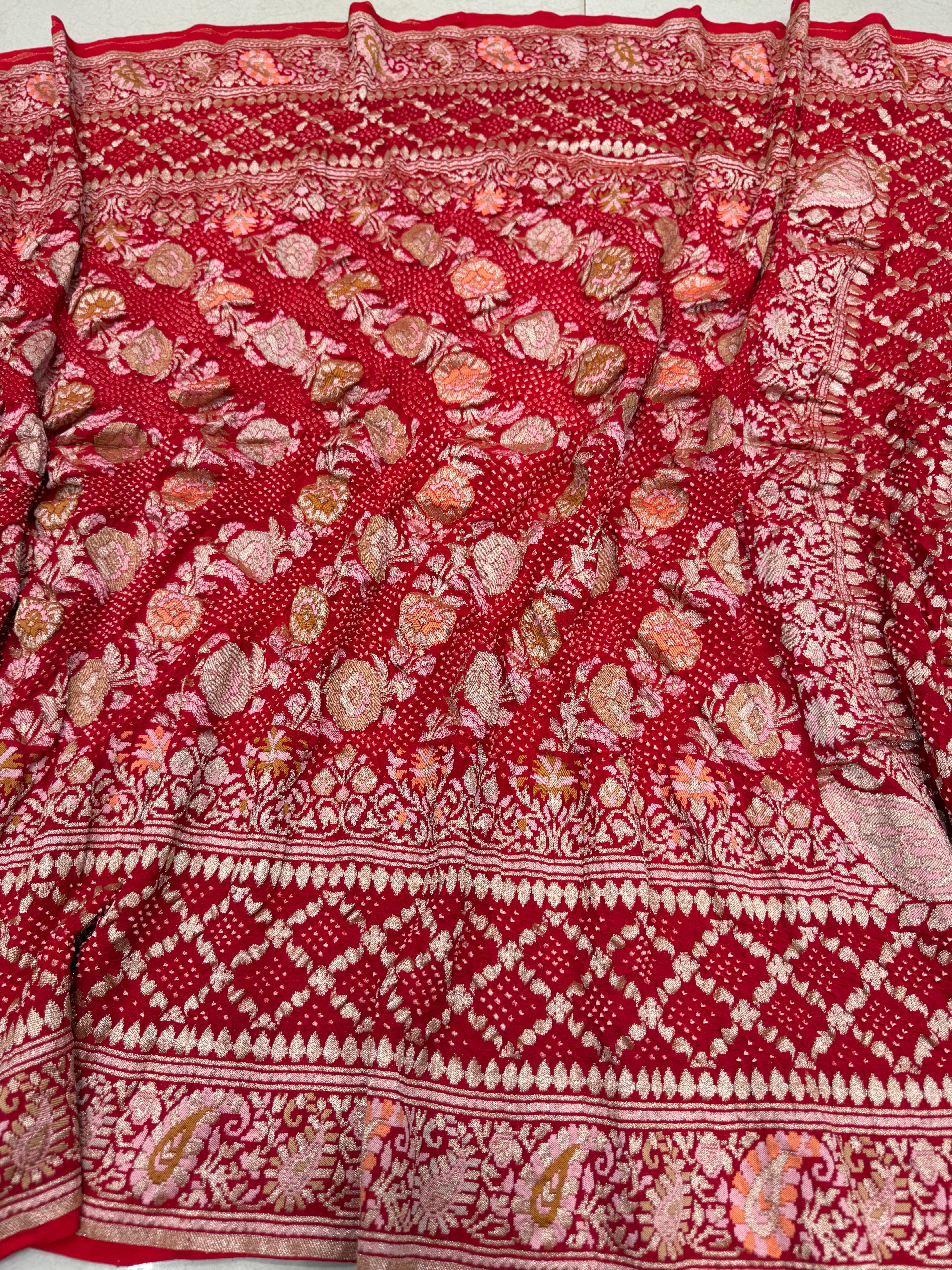 Red Double Border Meenakari Rai Bandhej Georgette Bandhini Saree