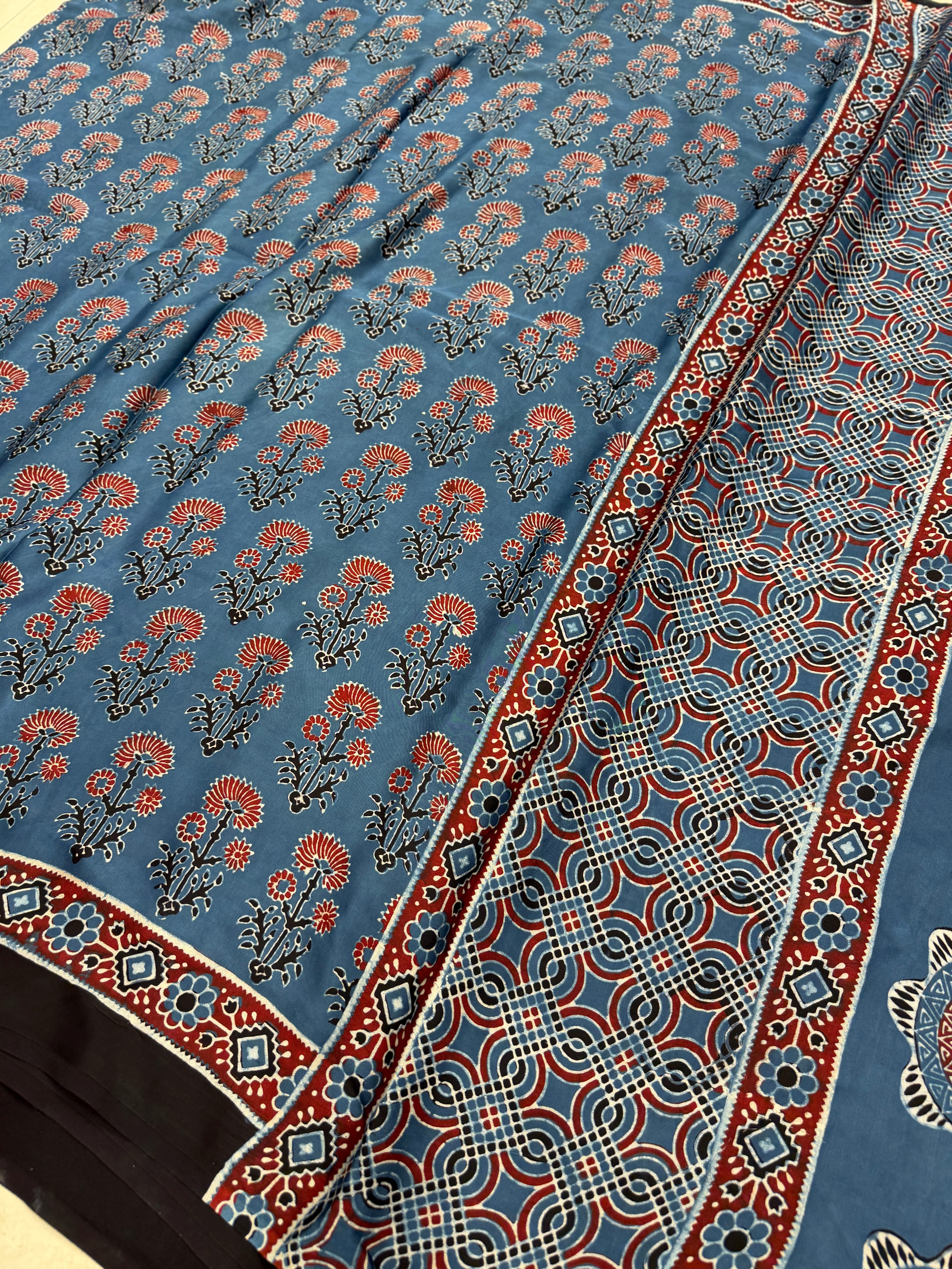 Blue Buttas Ajrakh Hand Block Print Pure Gajji Silk Saree